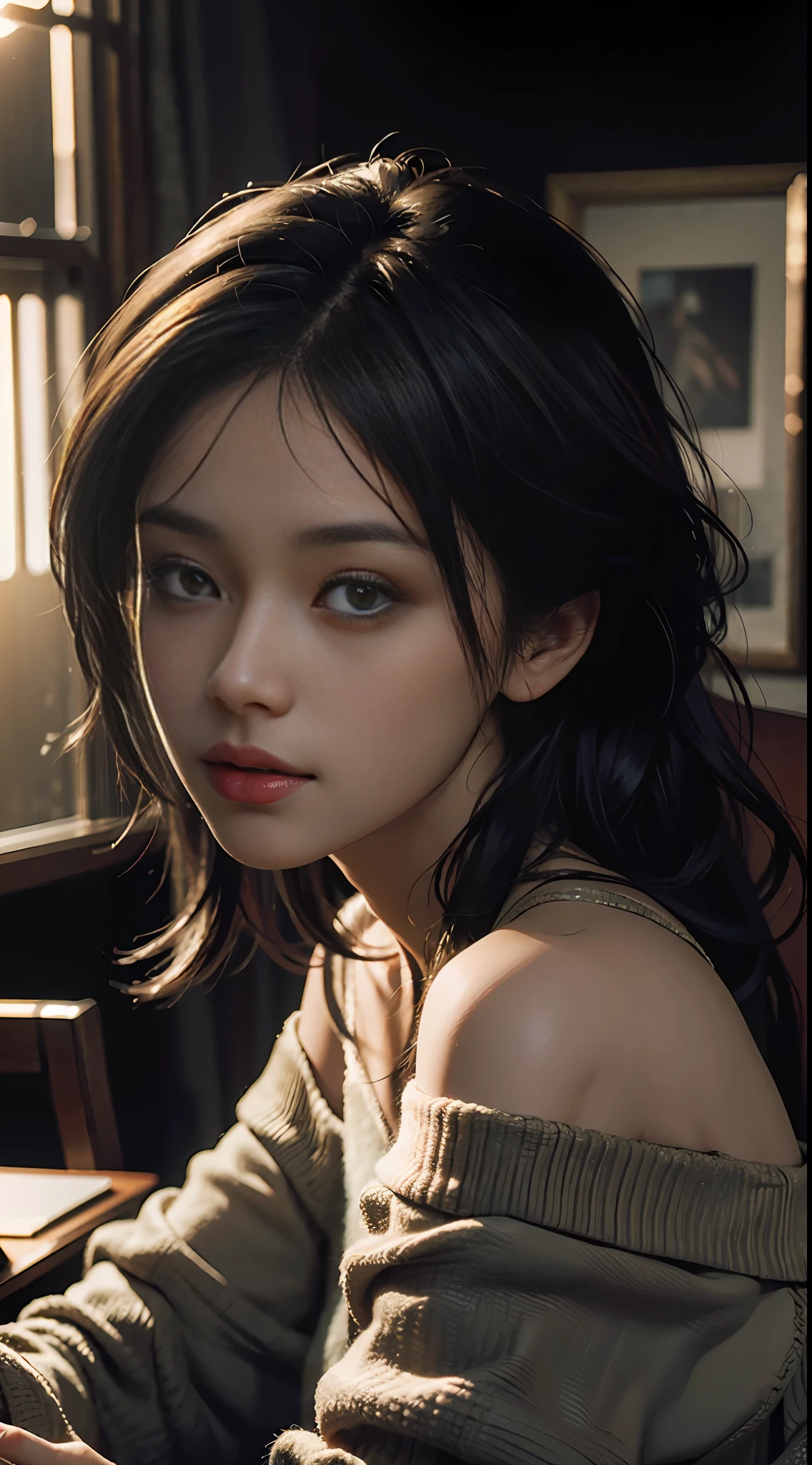 Best quality, masterpiece, ultra high res, (photorealistic:1.4), raw photo, 1girl, off shoulder, cinematic lighting