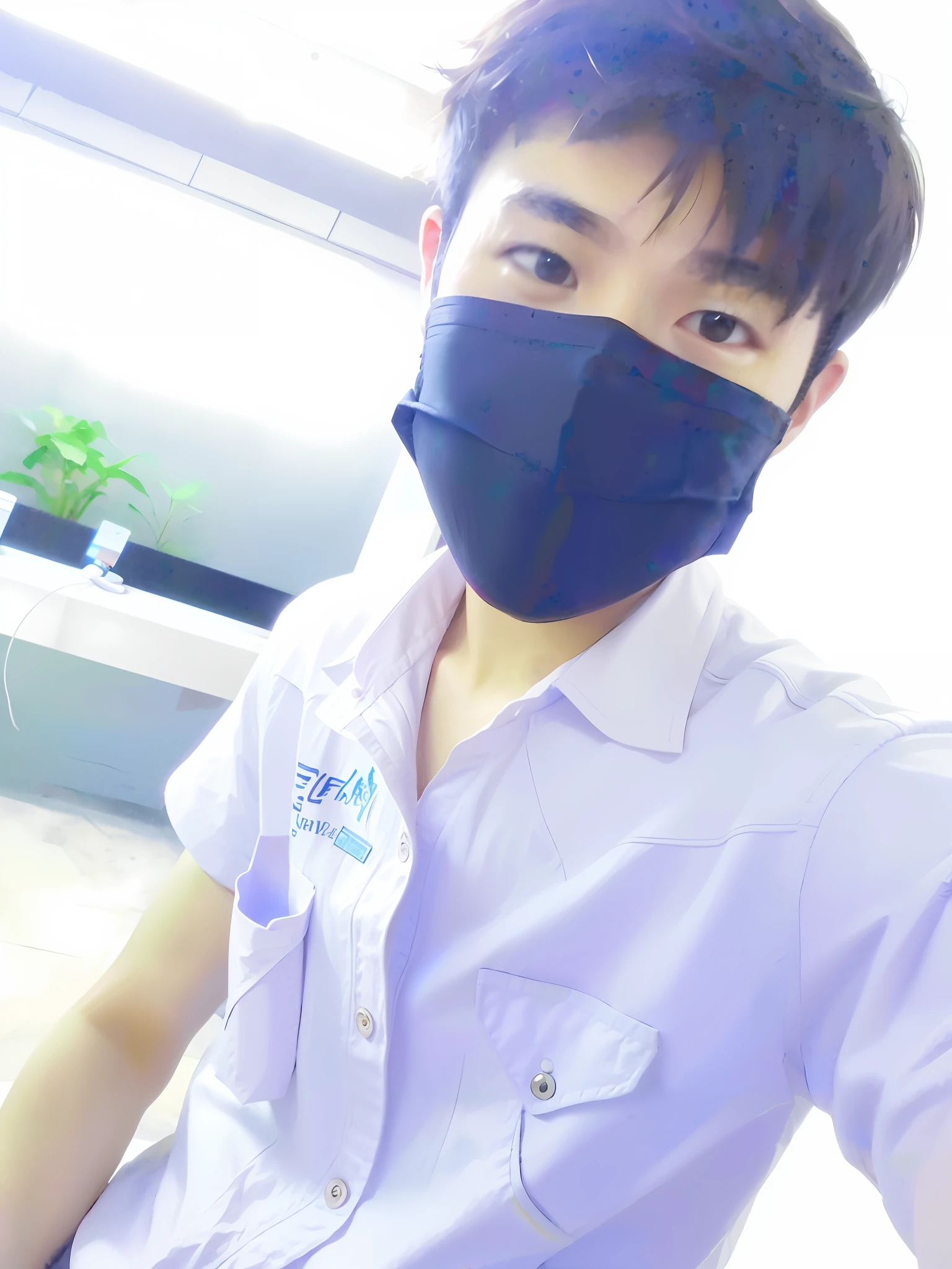there is a man wearing a mask and a tie, very very low quality picture, front profile!!!!, low quality photo, wearing mask, clean face, selfie photo, picture, wearing facemask, by :5 sexy: 7, profile picture 1024px, dang my linh, thawan duchanee, cooling, postprocessed)