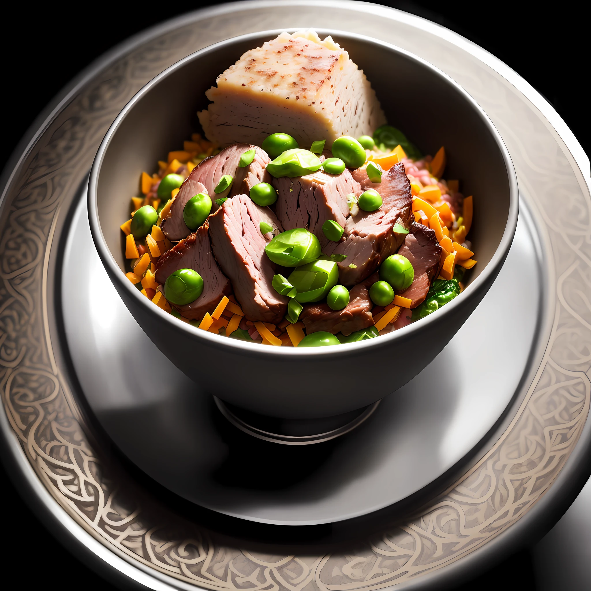 Ultra realistic style, stainless steel bowl with shredded lamb meat, chopped spinach, chopped sweet potato, peas, intricate details, dslr, 100 mm, pets, diffused light, Studio photography, professional advertising, 8k