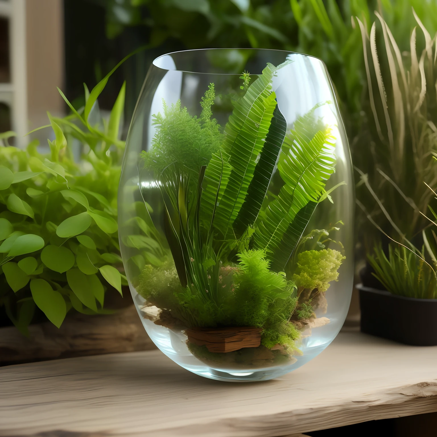 Glass with wood in it and plants in it
