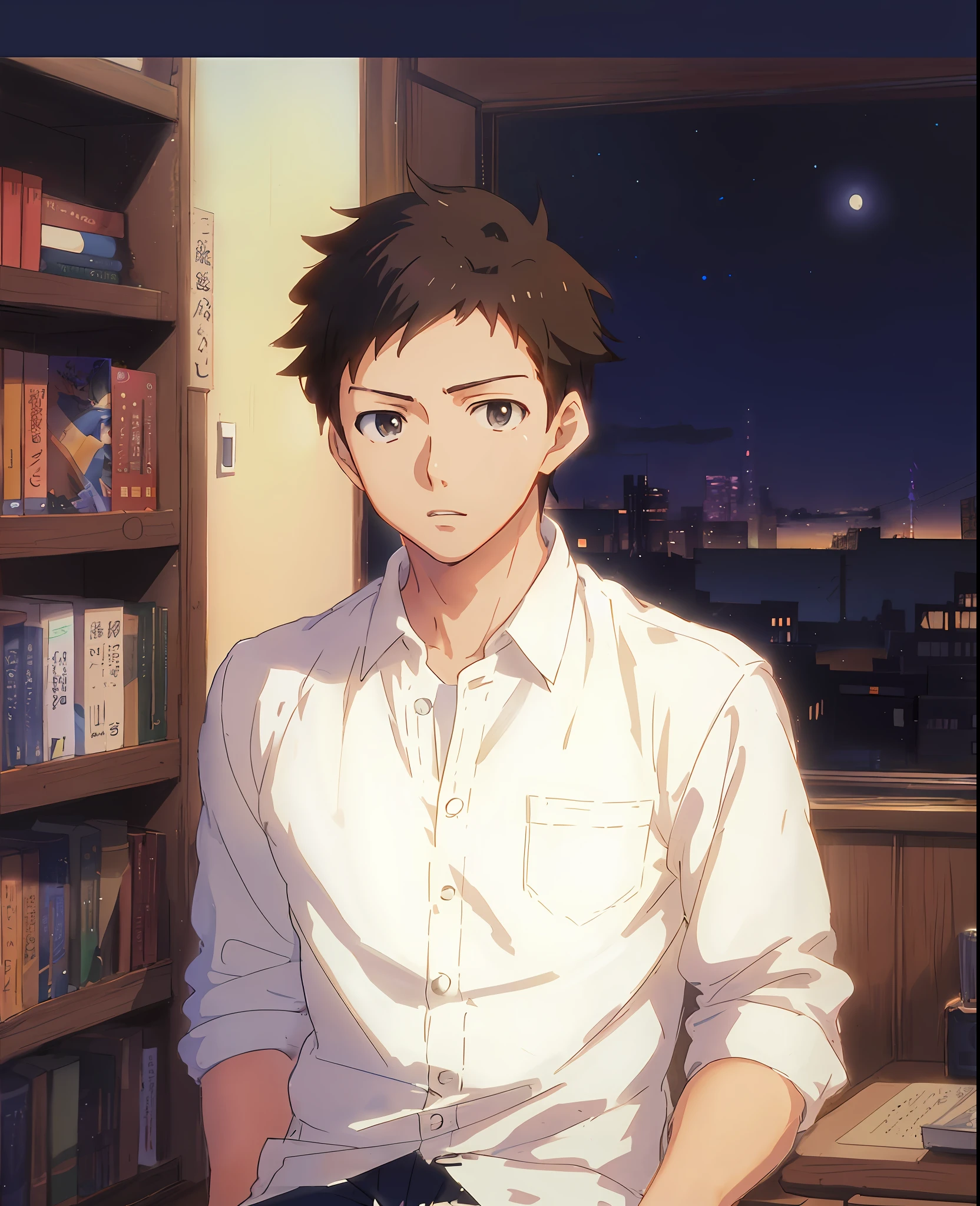 anime guy sitting in front of a book shelf with a laptop, makoto shinkai. digital render, anime handsome man, makoto shinkai style, makoto shinkai art style, anime portrait of a handsome man, young anime man, makoto shinkai!, makoto shinkai!!, style of makoto shinkai