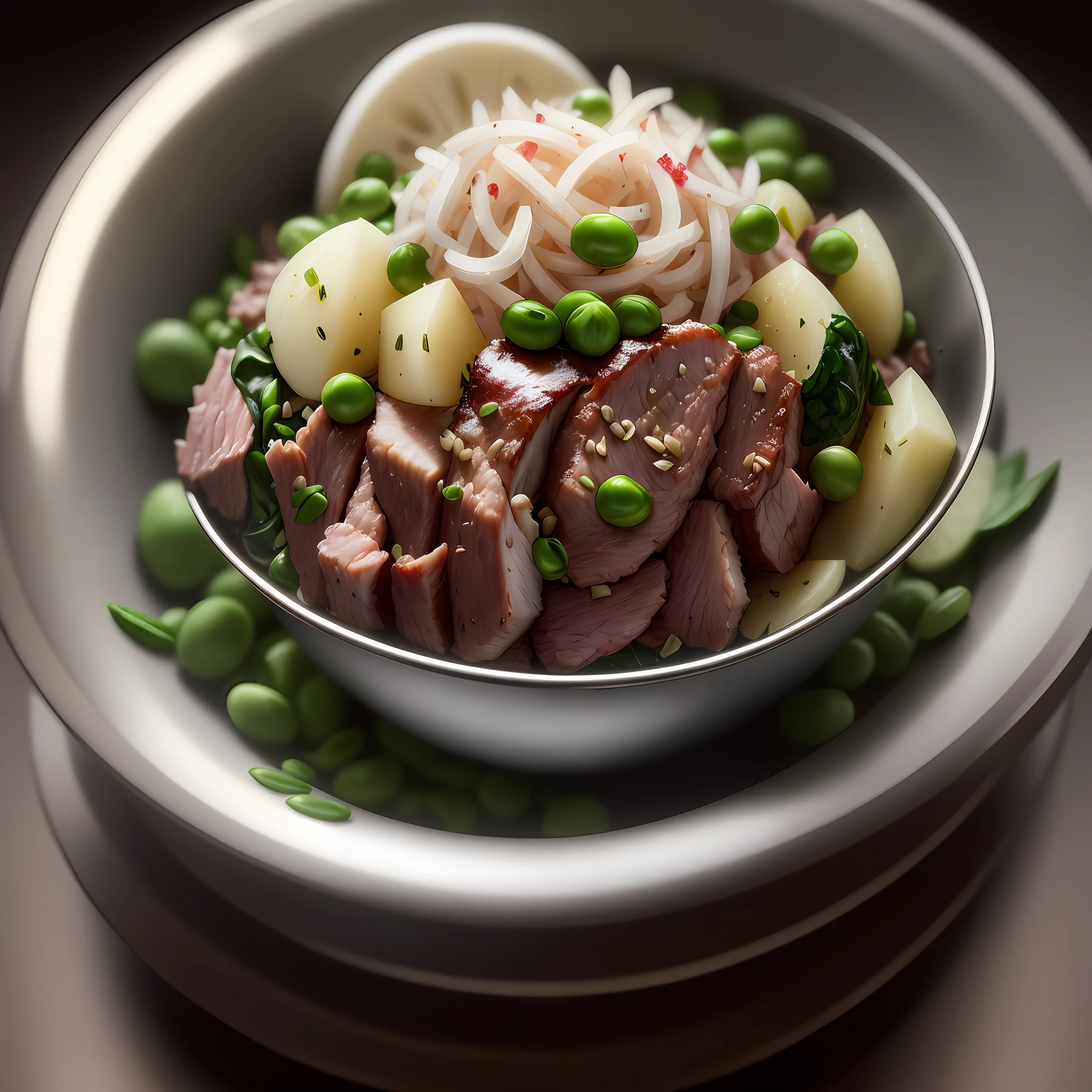 Ultra realistic style, stainless steel bowl with small shredded lamb meat, chopped spinach, chopped potato, peas, intricate details, dslr, 100 mm, pets, diffused light, Studio photography, professional advertising, 8k