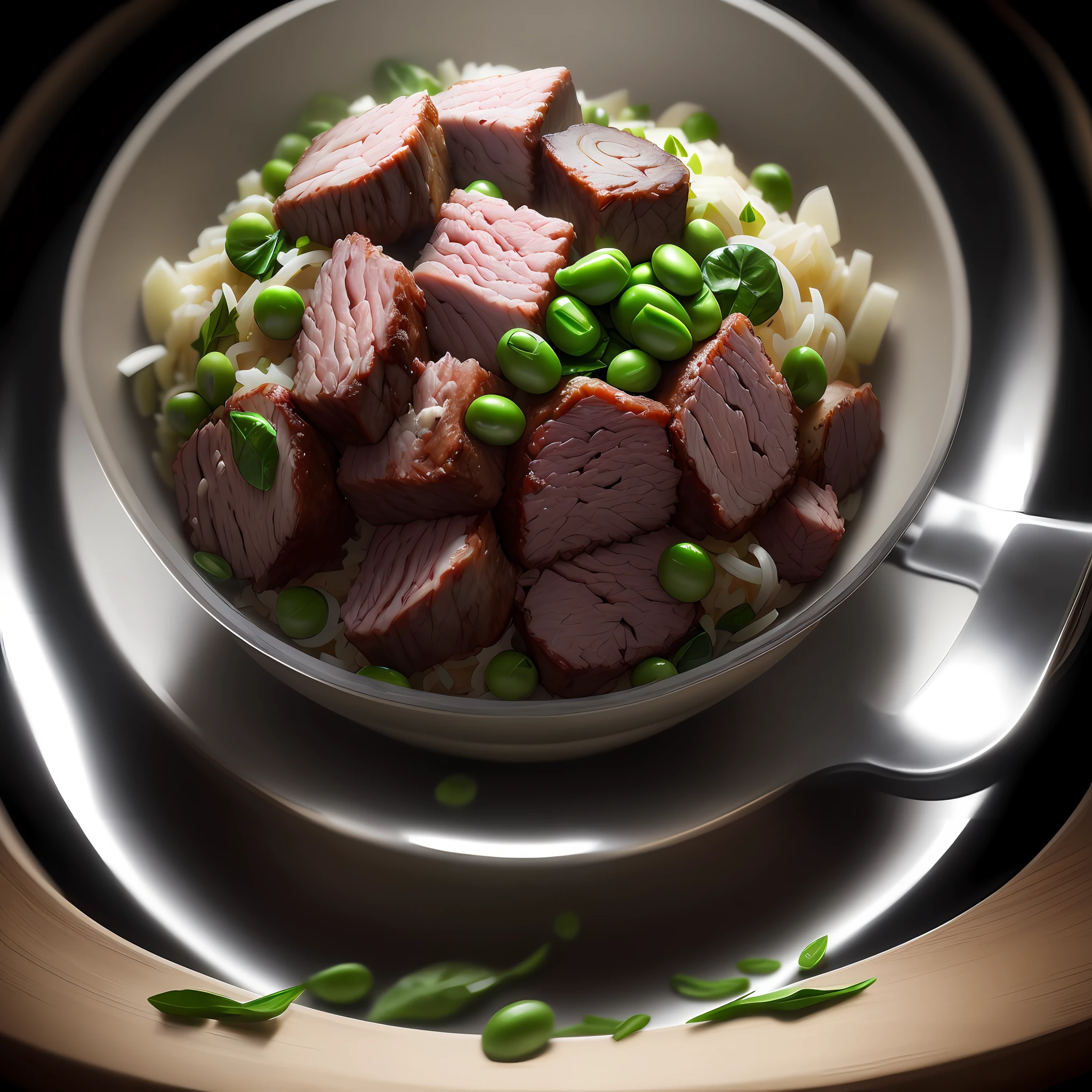 Ultra realistic style, stainless steel bowl with small shredded lamb meat, chopped spinach, chopped potato, peas, intricate details, dslr, 100 mm, pets, diffused light, Studio photography, professional advertising, 8k