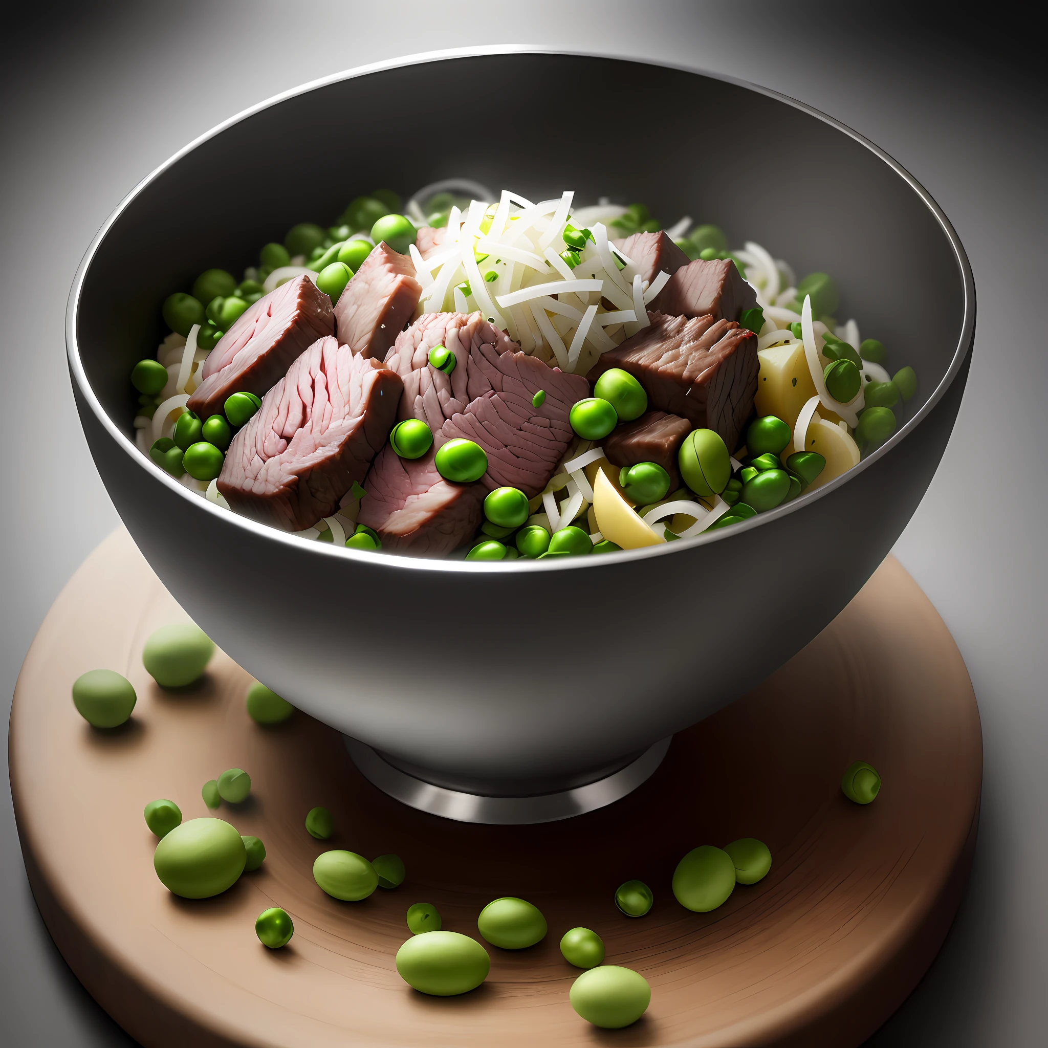 Ultra realistic style, stainless steel bowl with small shredded lamb meat, chopped spinach, chopped potato, peas, intricate details, dslr, 100 mm, pets, diffused light, Studio photography, professional advertising, 8k