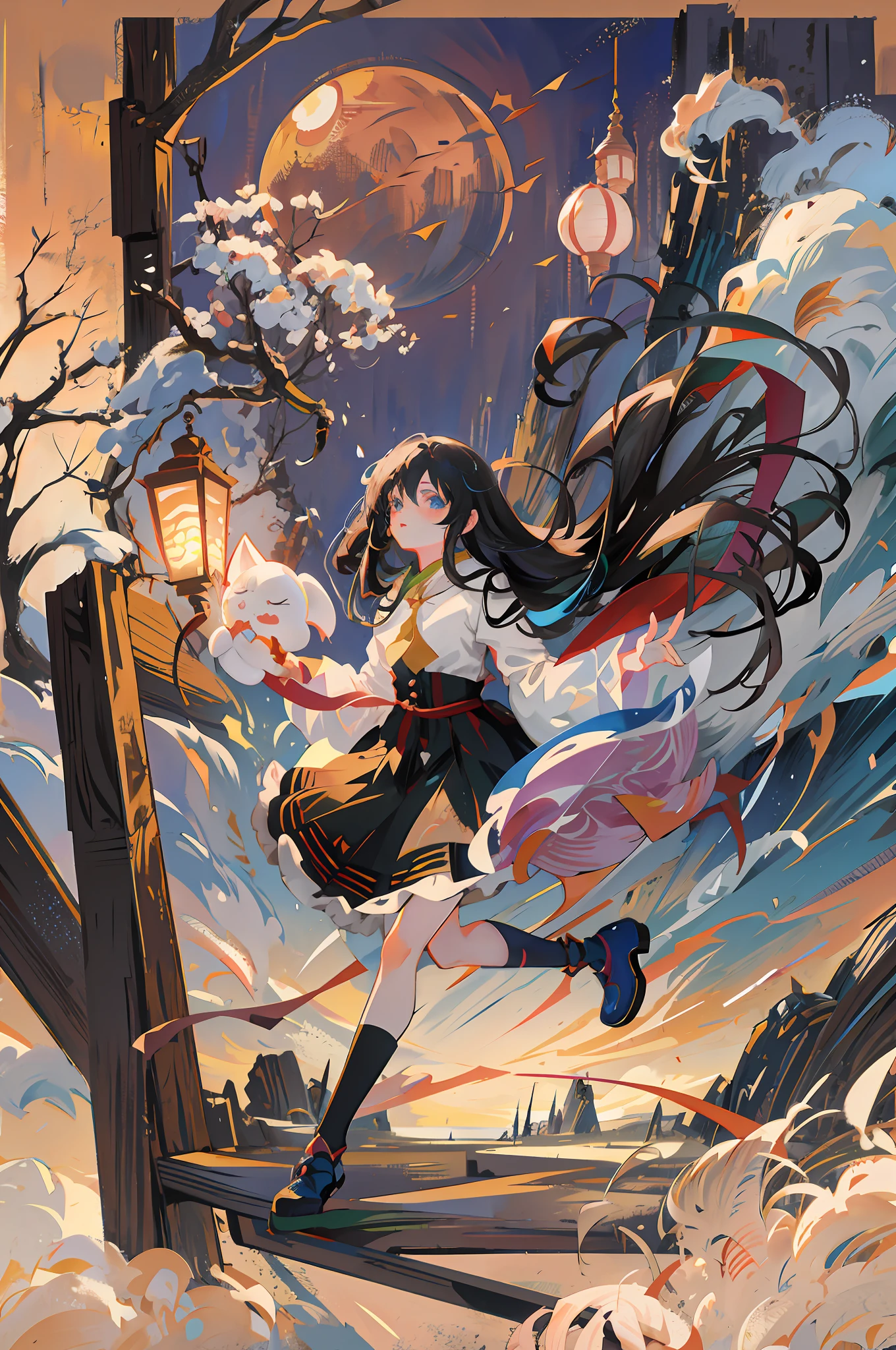 anime girl with long hair flying in the air with a lantern, beautiful anime artwork, beautiful anime art, anime cover, anime girl with long hair, the anime girl is running, beautiful anime, anime fantasy artwork, anime art, beautiful anime art style, kawacy, very beautiful anime cat girl, trending anime art, high definition anime art, anime visual of a cute girl