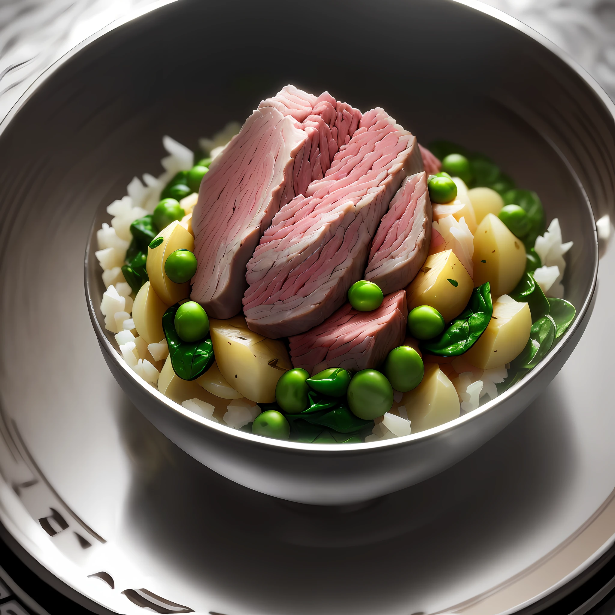 Ultra realistic style, stainless steel bowl with (((small shredded lamb meat)), spinach, chopped potato, peas, intricate details, dslr, 100 mm, pets, diffused light, Studio photography, professional advertising, 8k