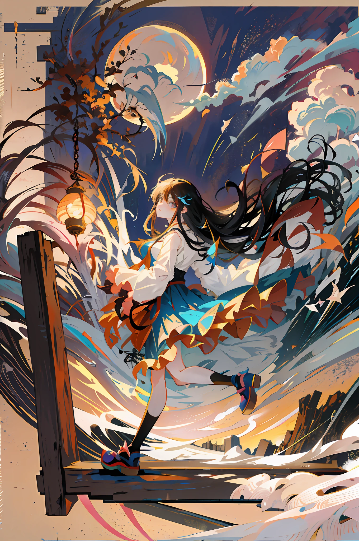 anime girl with long hair walking on a bridge with a full moon in the background, the anime girl is running, anime fantasy illustration, beautiful anime artwork, girl under lantern, anime illustration, anime style illustration, beautiful anime art, a beautiful artwork illustration, beautiful anime art style, anime fantasy artwork, anime styled digital art, trending on artstation pixiv