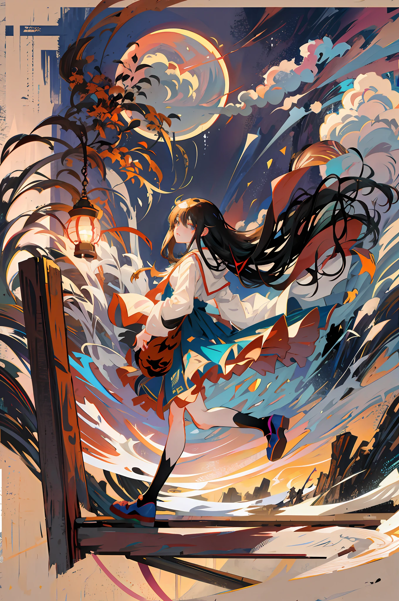 anime girl with long hair walking on a bridge with a full moon in the background, the anime girl is running, anime fantasy illustration, beautiful anime artwork, girl under lantern, anime illustration, anime style illustration, beautiful anime art, a beautiful artwork illustration, beautiful anime art style, anime fantasy artwork, anime styled digital art, trending on artstation pixiv