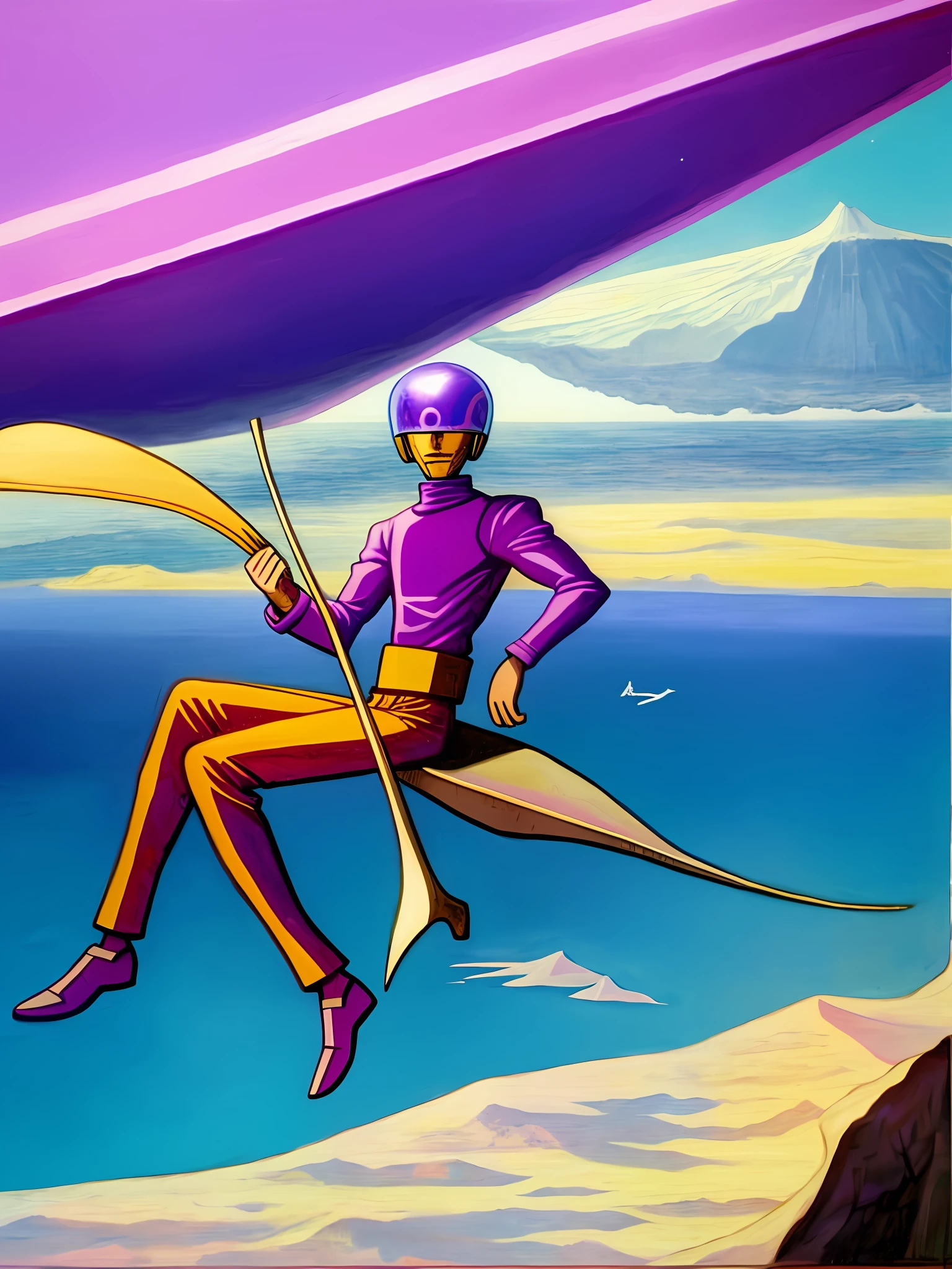 a painting of a space-helmeted man sitting in the purple desert of Arakis with a boat in the background by Moebius Jean Giraud
