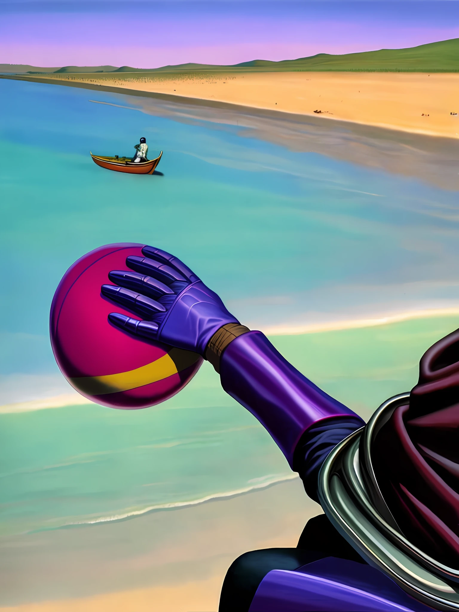 a painting of a space-helmeted man sitting in the purple desert of Arakis with a boat in the background by Moebius Jean Giraud