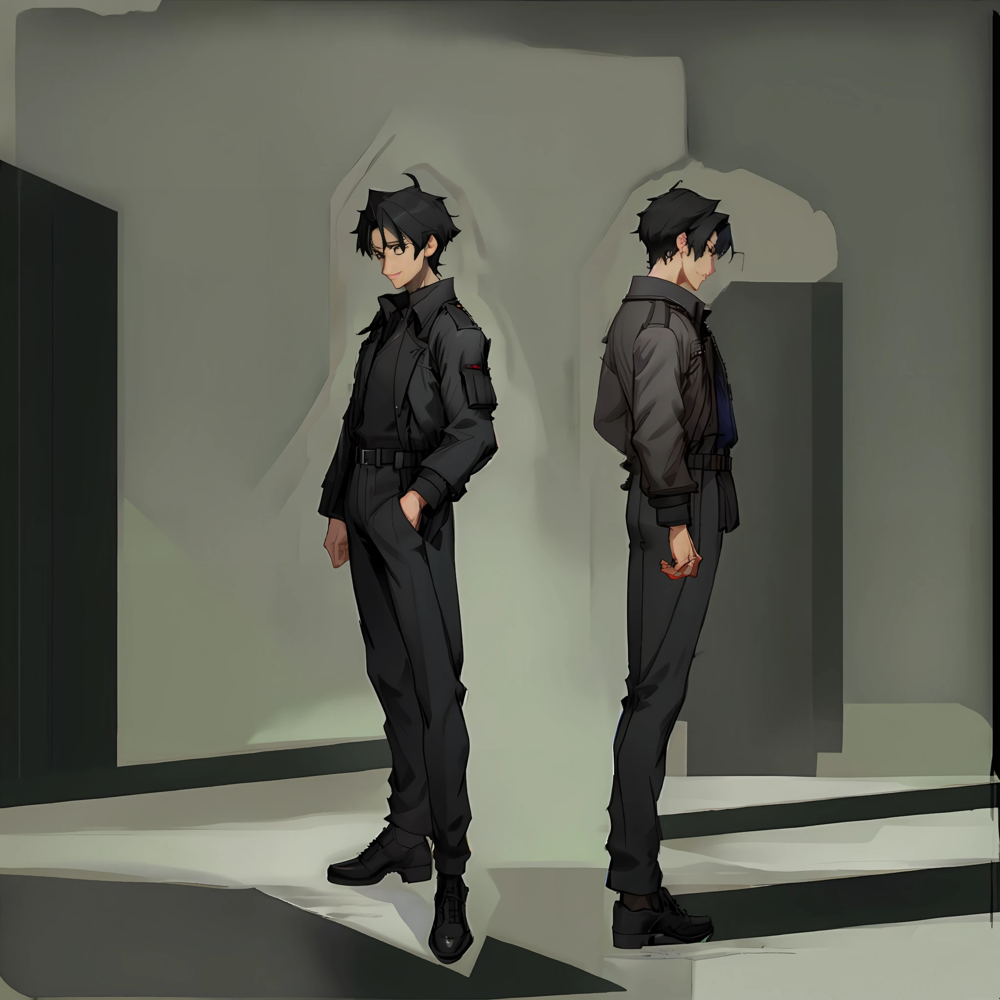1 boy, character sheet, concept art, (full body, masterpiece: 1.2), (best quality: 1.3), with minimalist black trench coat, insecure pose, with black hair, hides his face, standing, gestures, detailed face, cinematic lighting, ray tracing, three sided view, 360 view, Canon, 8k, super detail, high quality, high details, best quality, masterpiece