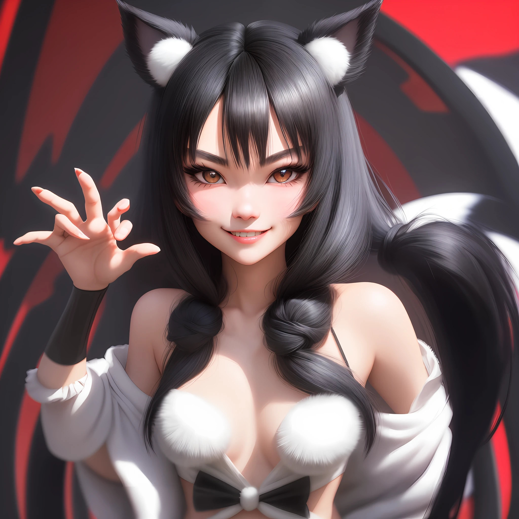 black hair, hair bobbles, wince, longeyelashes, solid circle eyes, fake animal ears, light smile, ear blush, fang, showing hot spread wide, Surrealism, drop shadow, anaglyph, stereogram, tachi-e, pov, atmospheric perspective, 8k, super detail, ccurate, best quality