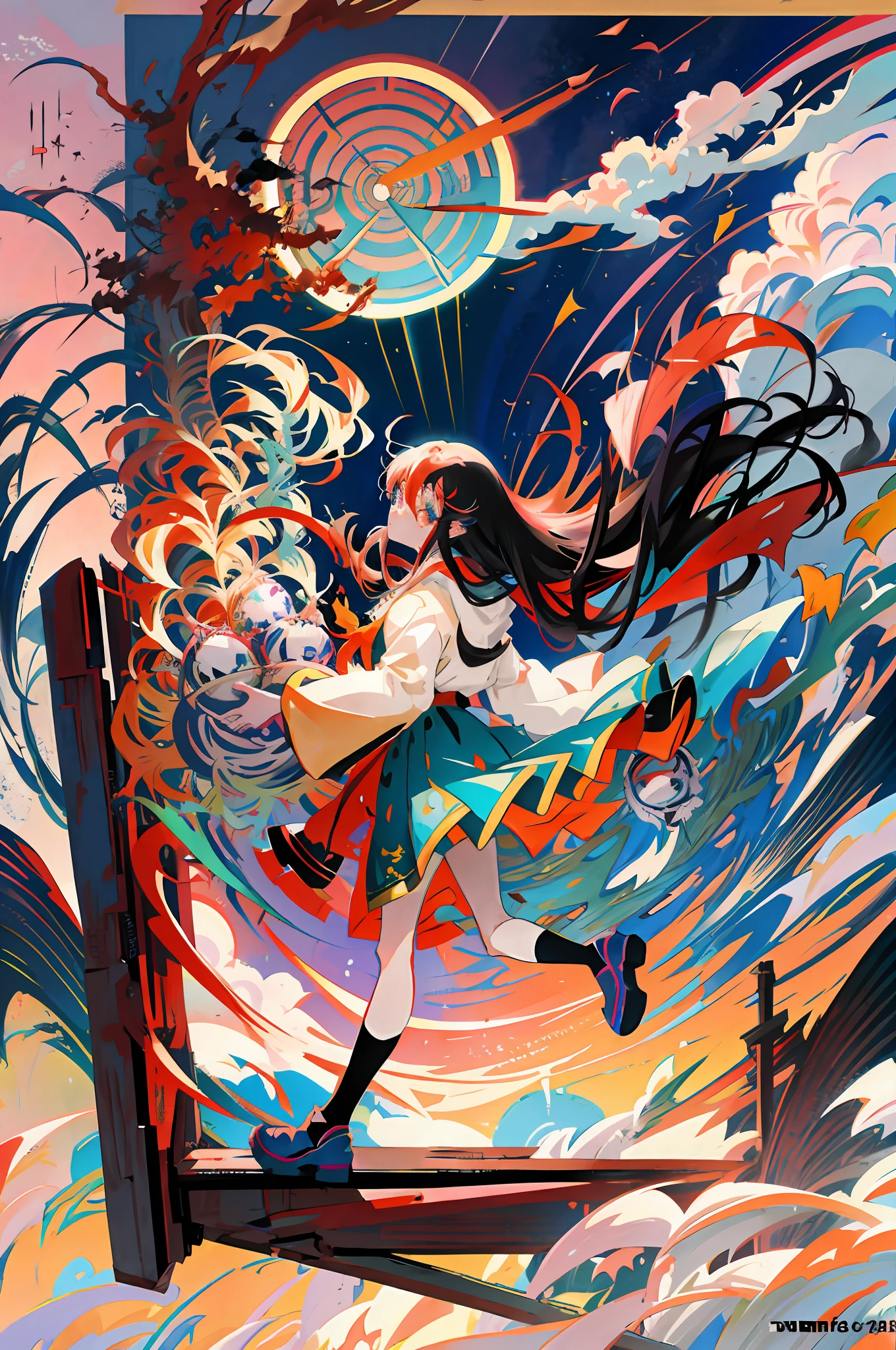 Anime girl with long hair flying through the air, beautiful anime art, anime fantasy illustration, anime 8k art wallpaper, 4k anime art wallpaper, 4k anime art wallpaper, beautiful anime art, beautiful art illustration, anime style 4 k, anime illustration, anime style illustration, digital anime style art,  anime fantasy art, anime style art, anime art, red color palette