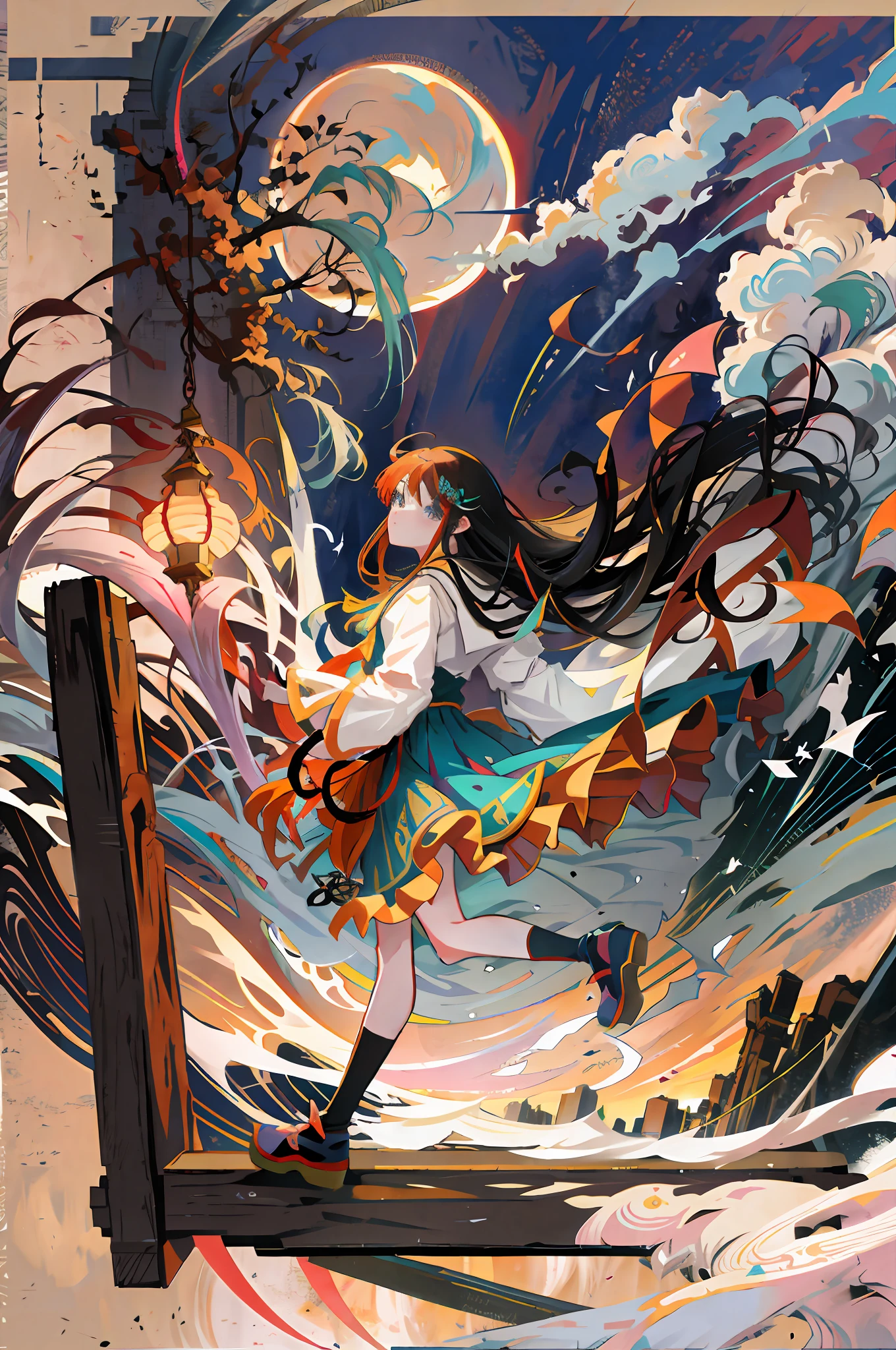 anime girl with long hair running on a bridge in front of a full moon, beautiful anime art, anime fantasy illustration, beautiful anime art, anime illustration, anime style digital art, beautiful art illustration, 8k anime art wallpaper, anime style illustration, anime fantasy art, 4K Anime Style, Anime Art, 4K Anime Art Wallpaper, 4K Anime Art Wallpaper, Redder Color Palette