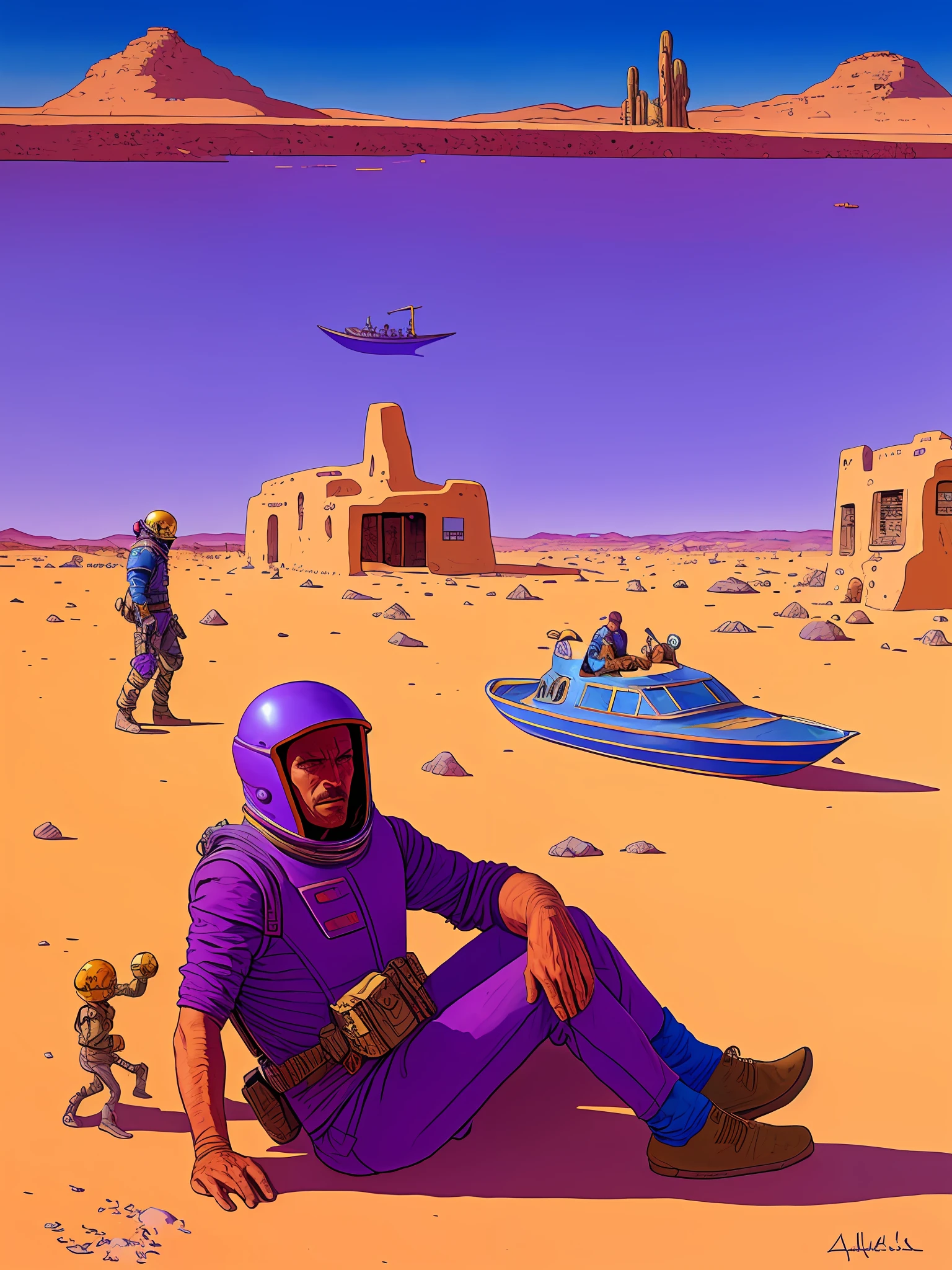 a painting of a space-helmeted man sitting in the desert in the background of a purple town of arakis with a boat in the background by Moebius Jean Giraud