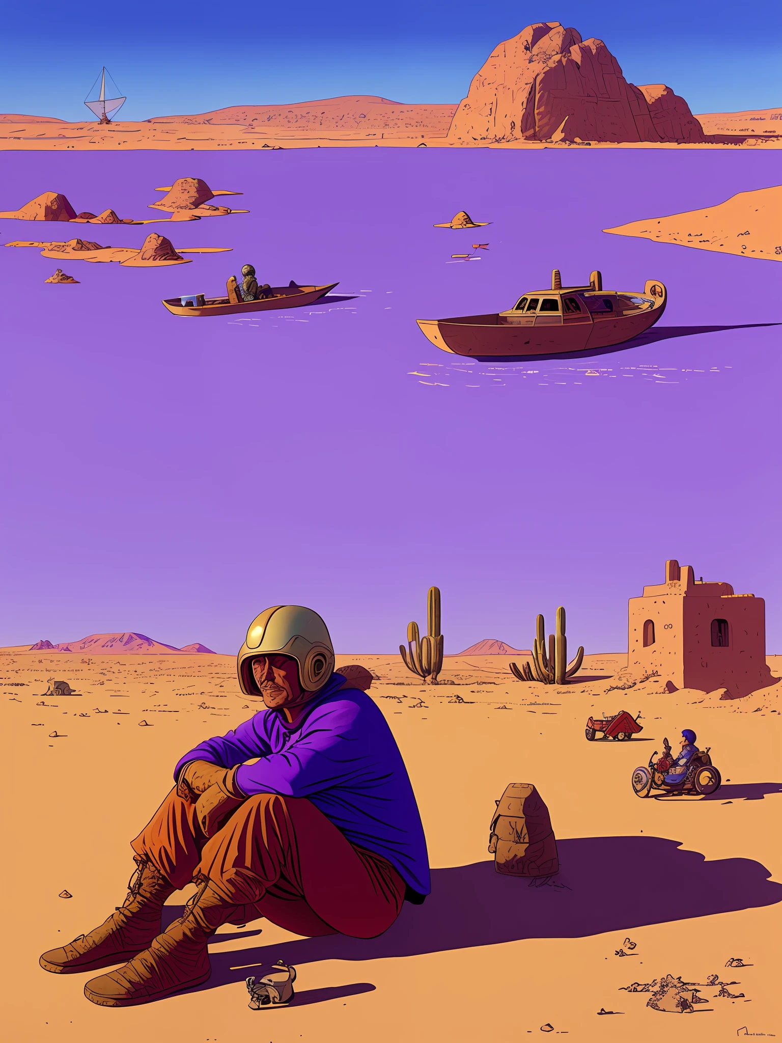 a painting of a space-helmeted man sitting in the desert in the background of a purple town of arakis with a boat in the background by Moebius Jean Giraud