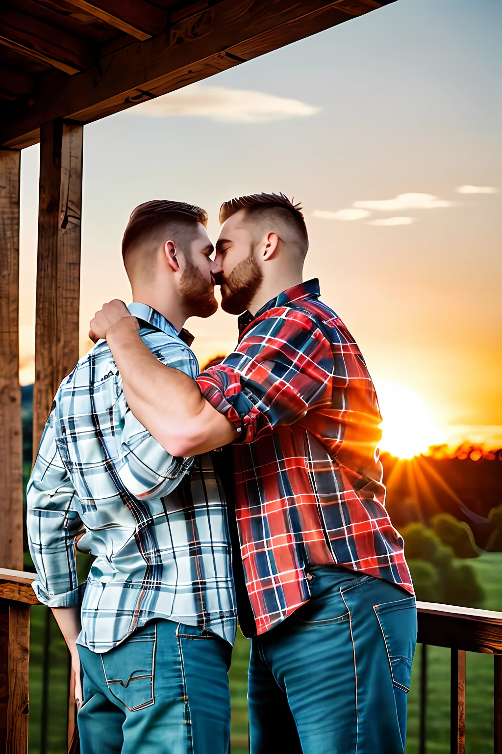 Two lumberjack-style men, mature, in plaid shirts and battered jeans with lumberjack boots. The men are hugging and kissing passionately. Romantic scene on a wooden balcony on a farm at sunset. The sky is yellowish, reddish and orange. Photorealistic scene, super detailed and realistic. Desfowue background. 8k