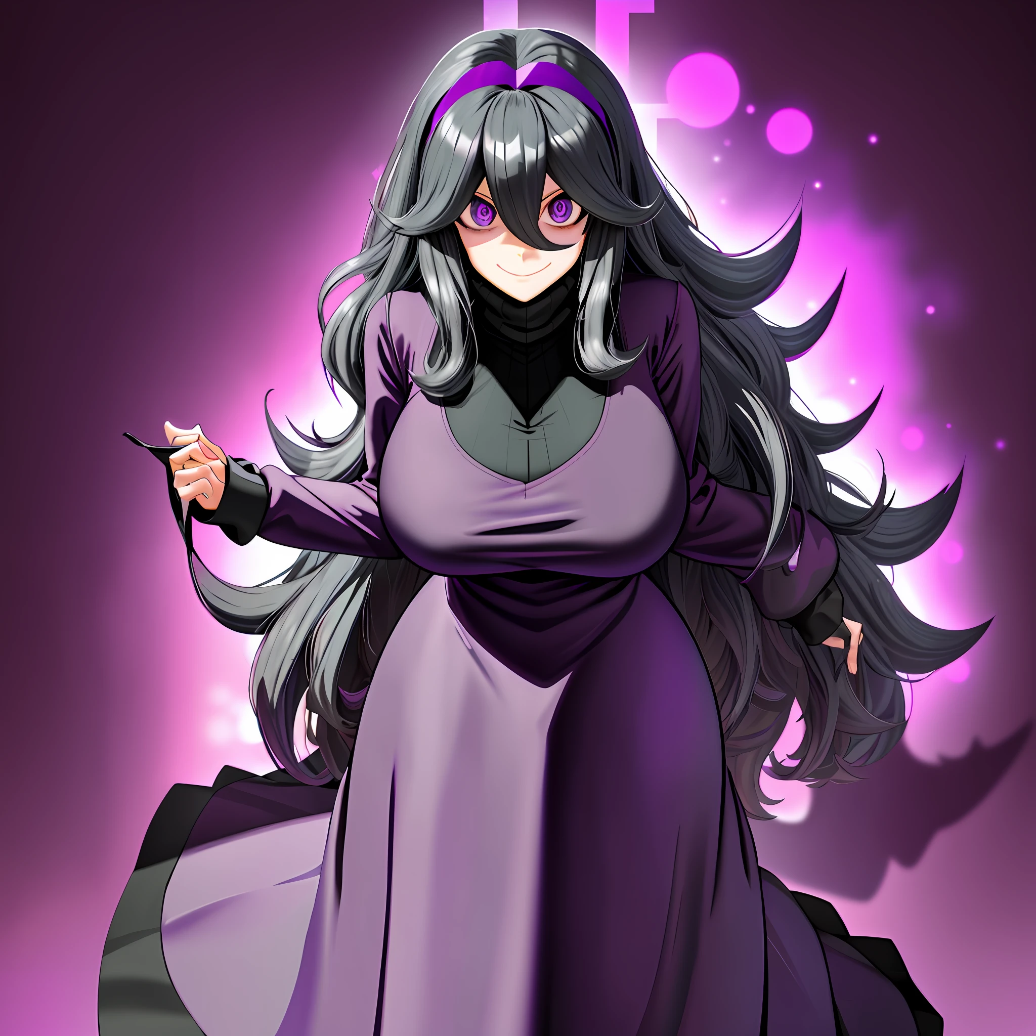 hexmaniacms, hex_maniac_\(pokemon\), 1girl, solo, standing, (huge breasts), long sleeved turtleneck sweater dress, purple clothes, taut_dress, embarrassed, smile, purple_eyes, shiny_skin, cowboy_shot, dark forest, night, crazy_eyes, (shaded_face:1.3), clothing_cutout, anime,