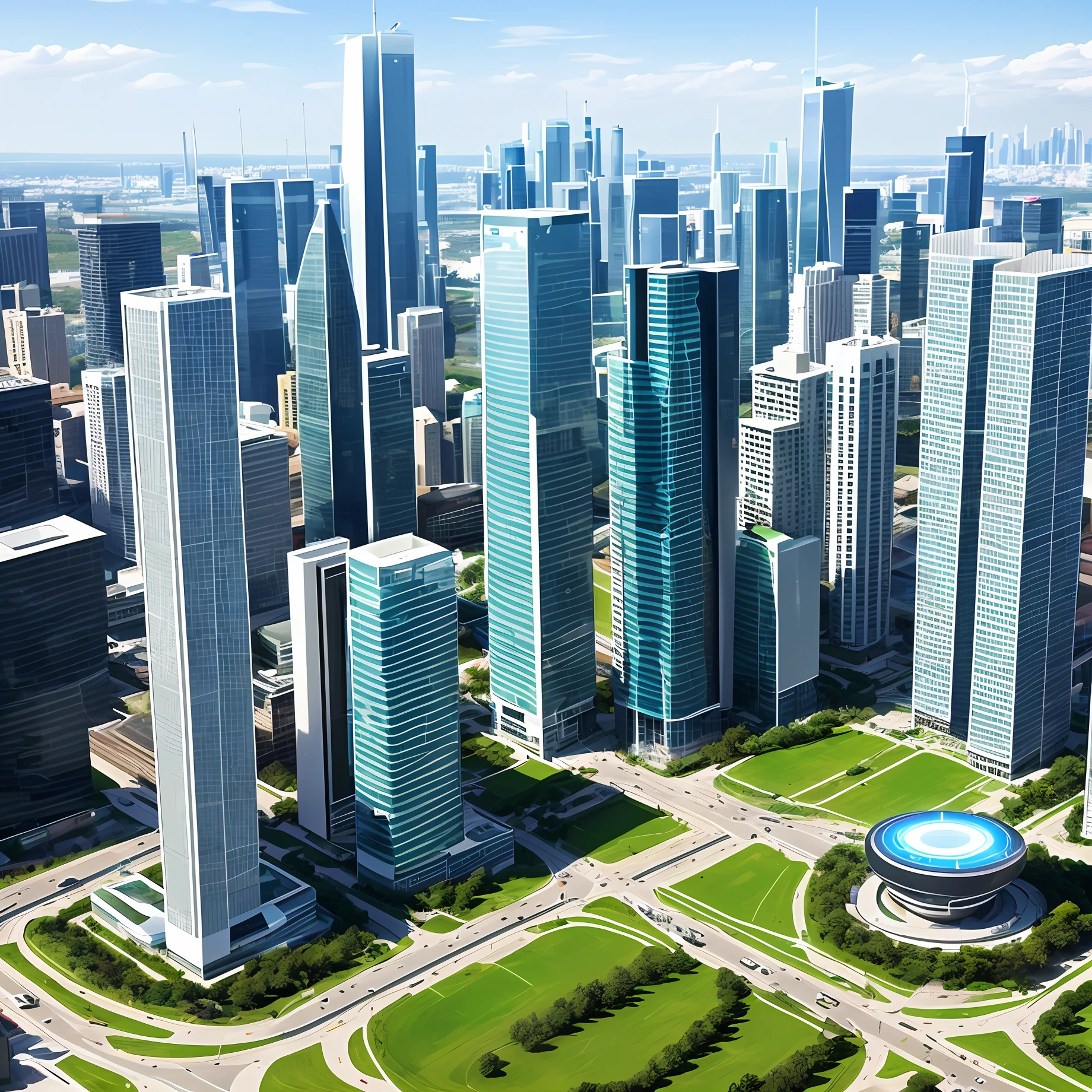 Welcome to Neonova, the city of the future! As you make your way through the entrance gates, you're greeted by a breathtaking view of gleaming skyscrapers stretching to the horizon. The architecture is a perfect fusion of geometric shapes and elegant curves, made with advanced and sustainable materials.
Public transport is fully autonomous and powered by clean energy. Silent flying vehicles hover in the sky, connecting the city's diverse neighborhoods through air traffic networks. For those who prefer to get around by land, smart streets are covered by solar panels that power state-of-the-art electric vehicles, making travel efficient and environmentally friendly.
The buildings are true technological marvels. They are covered by smart glasses that automatically adjust to the intensity of the light, providing natural lighting and reducing the need for artificial energy. Vertical gardens adorn the facades, providing clean air and harmonious living spaces.
Augmented reality technology is everywhere. Citizens can interact with holograms and virtual interfaces projected into the physical space, facilitating access to information, services and entertainment. The buildings are equipped with artificial intelligence systems that constantly monitor environmental conditions, safety and energy efficiency.
Energy is generated in a decentralized manner through solar panels, wind turbines and other renewable sources. Vertical power towers capture the force of the winds and convert it into electricity. The city is an example of sustainability, with a resilient infrastructure capable of adapting to climate change.
Everyday life is facilitated by virtual personal assistants, which are always present on wearable and home devices. These assistants perform daily tasks, from shopping to controlling home devices, all through