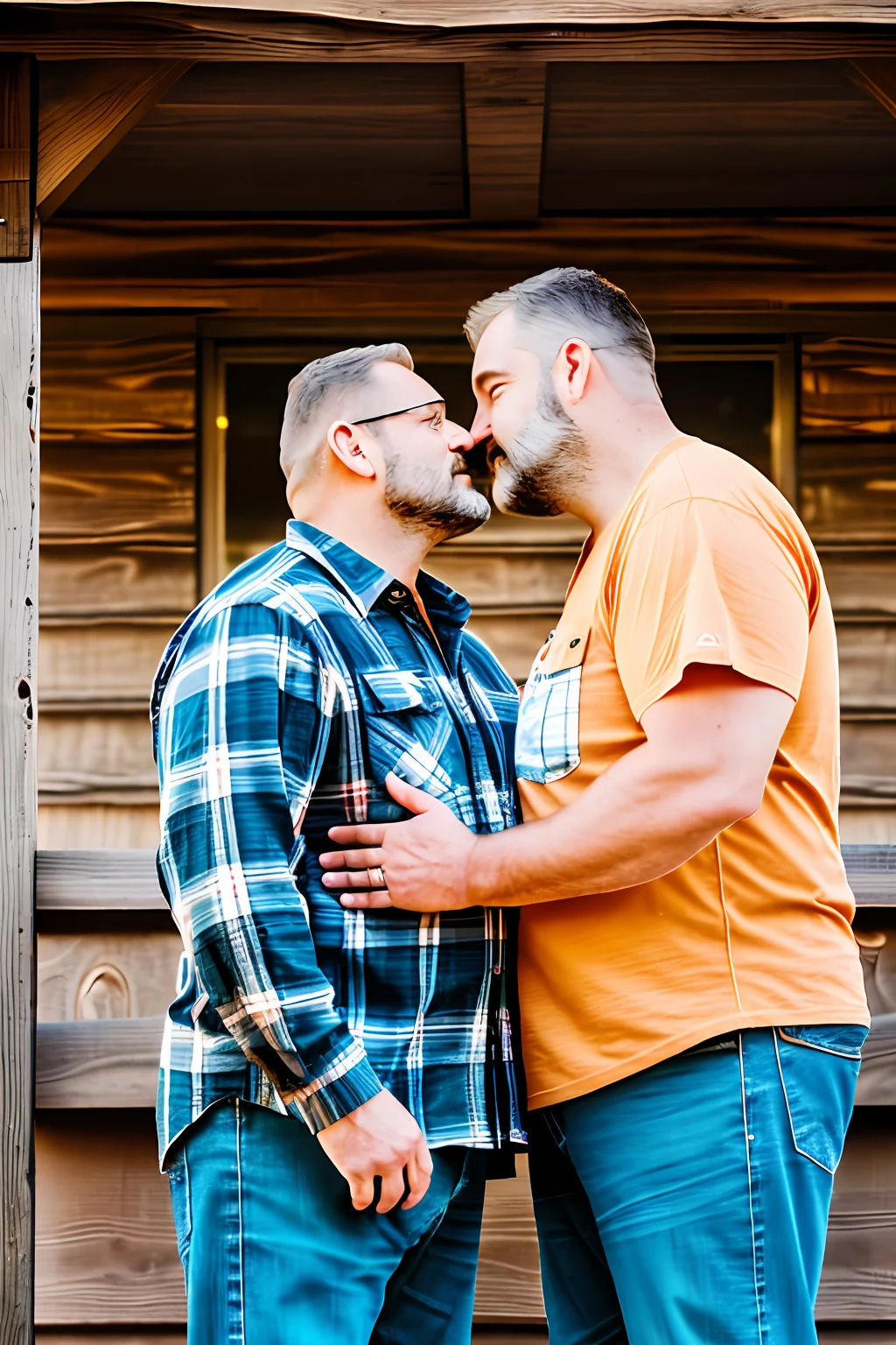 Two lumberjack-style men, mature, about 50 years old, burly, with plaid shirt and jeans with lumberjack boots. The men are hugging and kissing passionately. Romantic scene on a wooden balcony on a farm at sunset. The sky is yellowish, reddish and orange. Photorealistic scene, super detailed and realistic. Depth of field of the lens. 8k