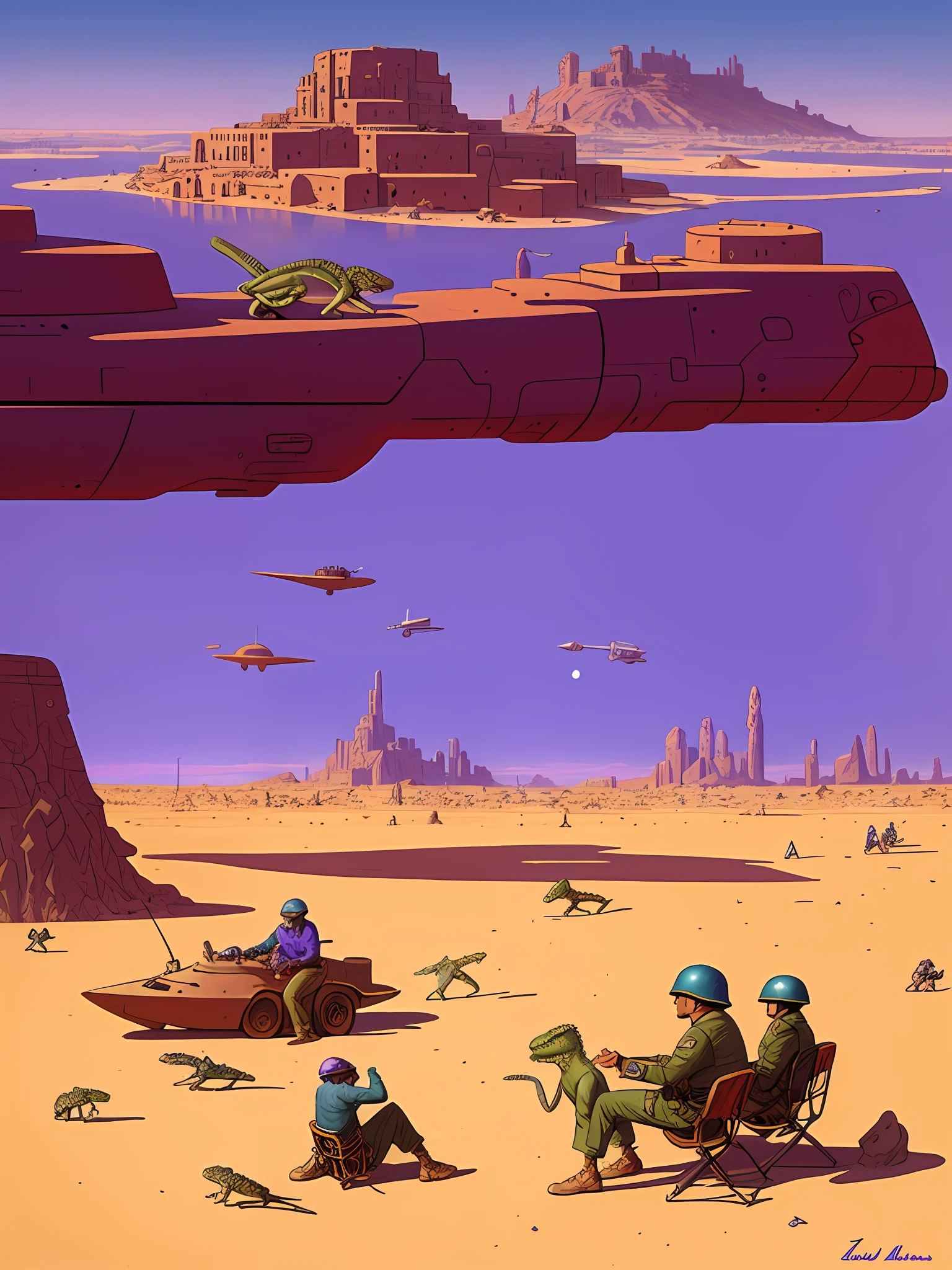 a painting of men at war with space-helmeted lizards sitting in the desert in the background a purple city of arakis with a ship in the background by Moebius Jean Giraud