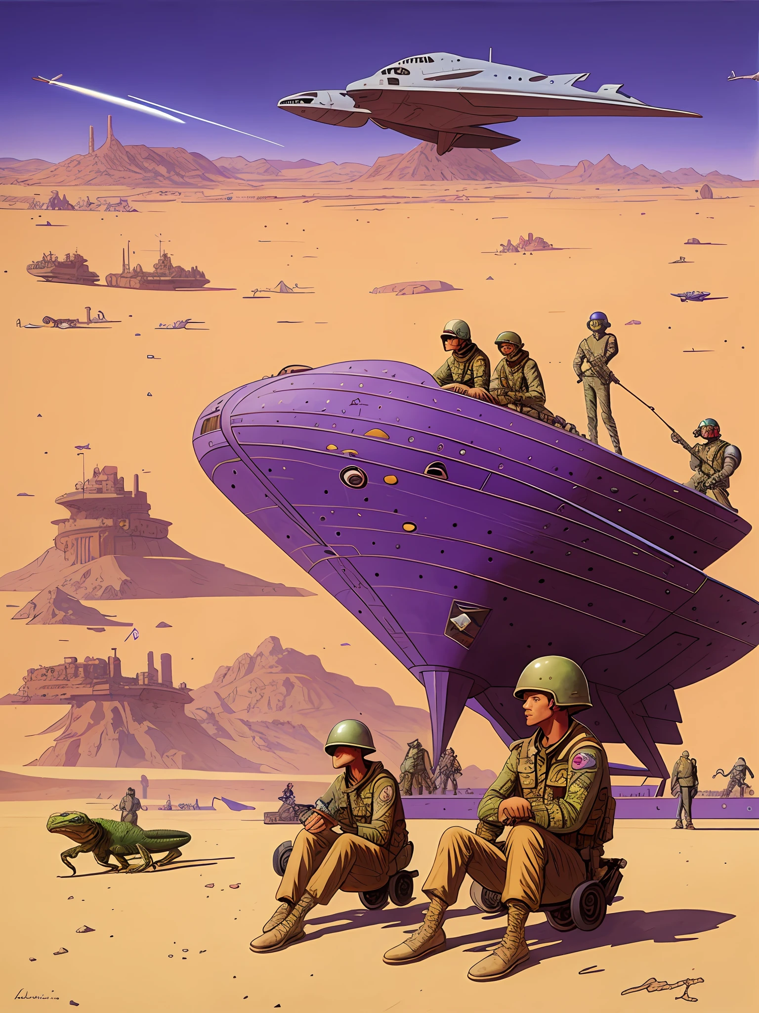a painting of men at war with space-helmeted lizards sitting in the desert in the background a purple city of arakis with a ship in the background by Moebius Jean Giraud