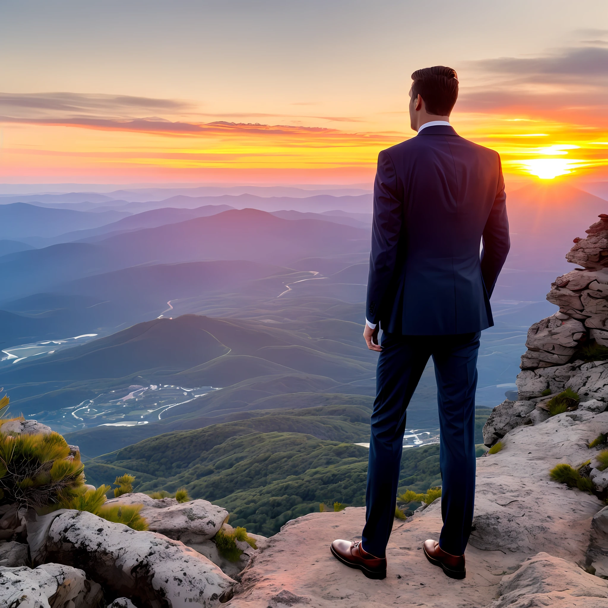 Man in suit ((detailed)) on top of a mountain looking at the orizonte ((sunset))