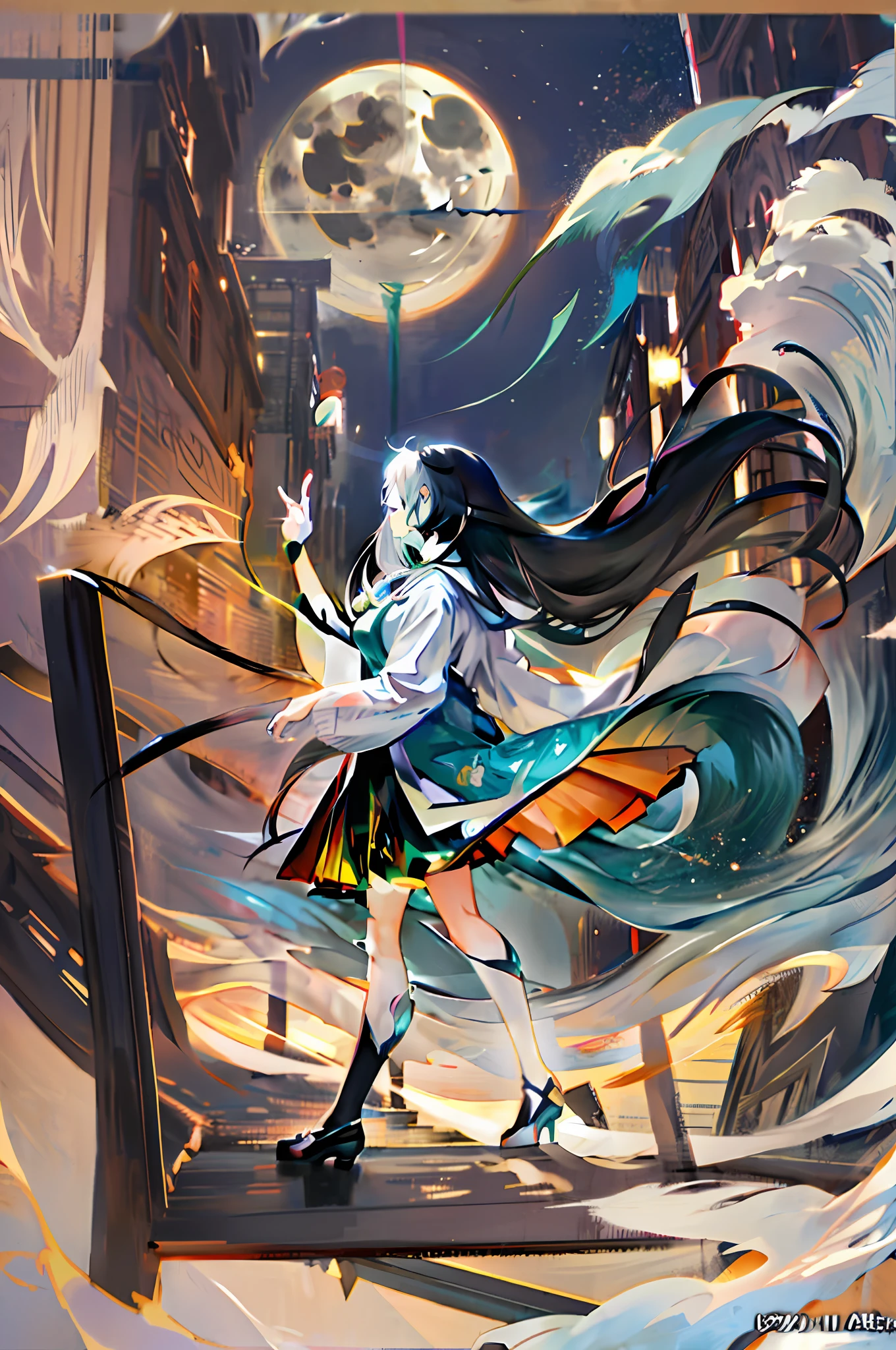 anime girl with long hair walking on a bridge in front of a full moon, beautiful anime art, anime fantasy illustration, beautiful anime art, anime style digital art, 8k anime art wallpaper, anime style illustration, a beautiful art illustration, anime fantasy art, anime illustration, abstract anime art, anime graphic illustration, 4k anime art wallpaper, Beautiful anime art style, gray color palette, main gray drawing color, drawings without many colors