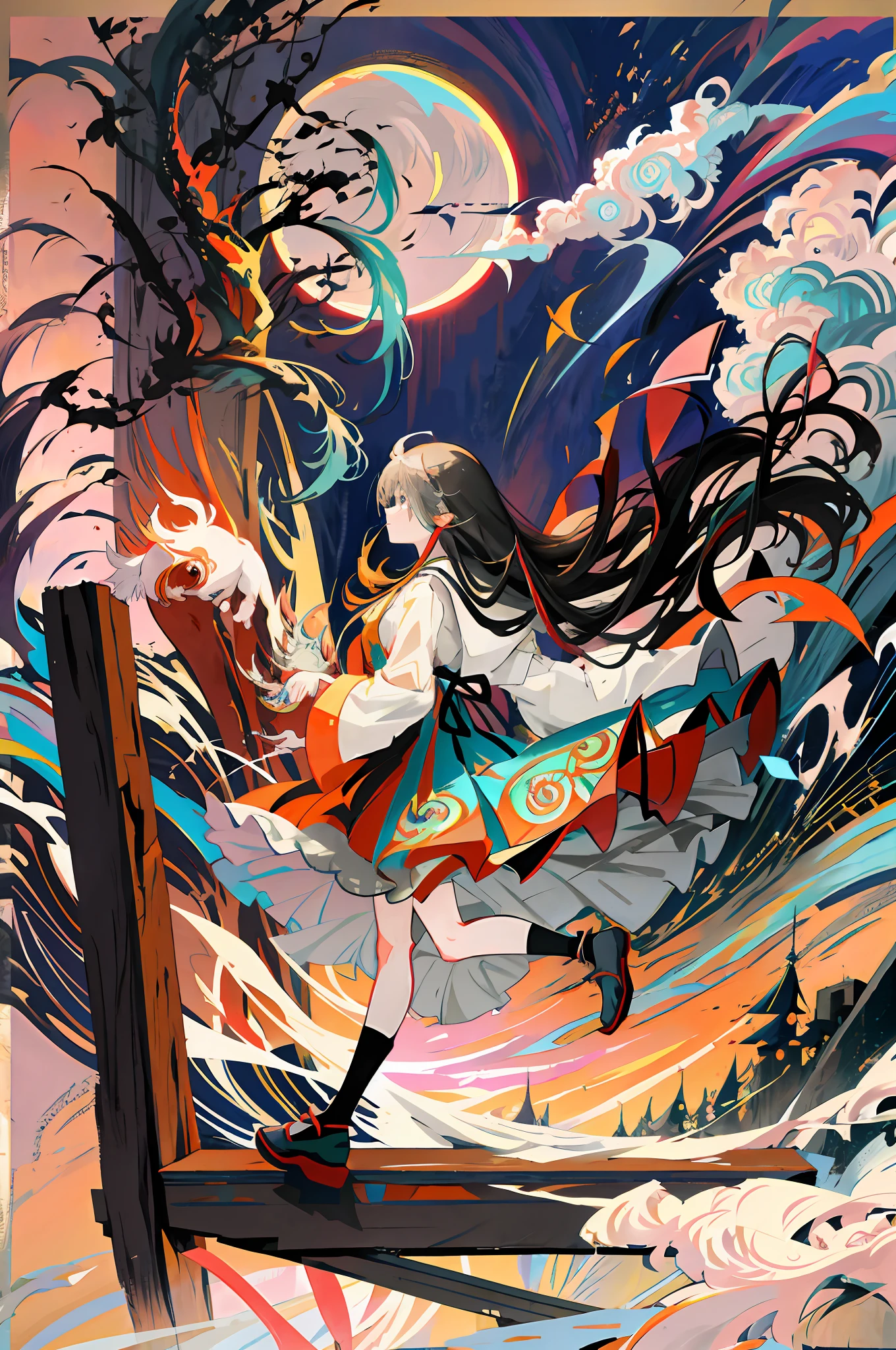 anime girl with long hair walking on a bridge in front of a full moon, beautiful anime art, anime fantasy illustration, beautiful anime art, anime style digital art, 8k anime art wallpaper, anime style illustration, a beautiful art illustration, anime fantasy art, anime illustration, abstract anime art, anime graphic illustration, 4k anime art wallpaper, Beautiful anime art style, gray color palette, main gray drawing color, drawings without many colors