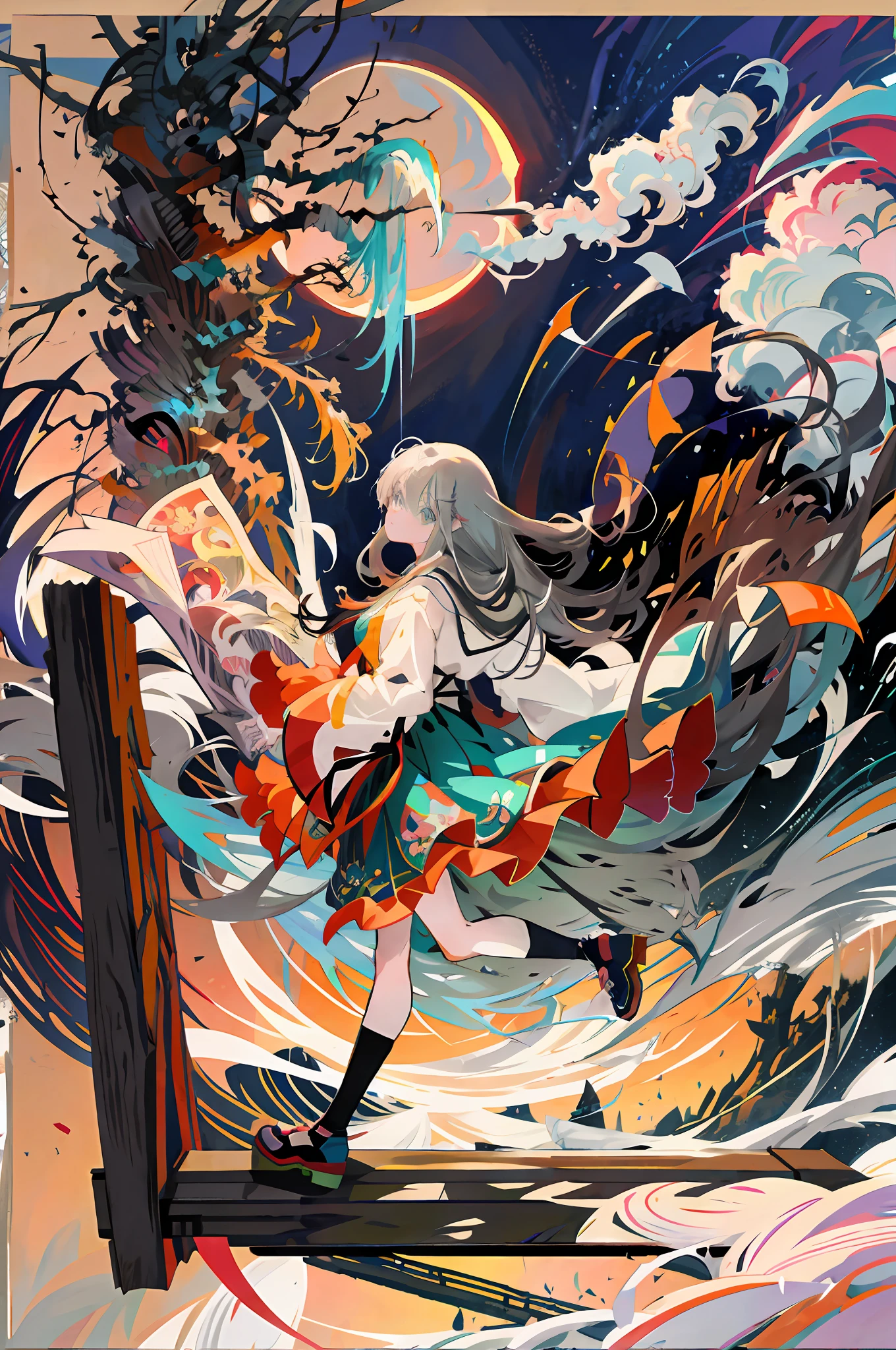 anime girl with long hair walking on a bridge in front of a full moon, beautiful anime art, anime fantasy illustration, beautiful anime art, anime style digital art, 8k anime art wallpaper, anime style illustration, a beautiful art illustration, anime fantasy art,  anime illustration, abstract anime art, anime graphic illustration, 4k anime art wallpaper, Beautiful anime art style, gray color palette, main gray drawing color, drawings without many colors