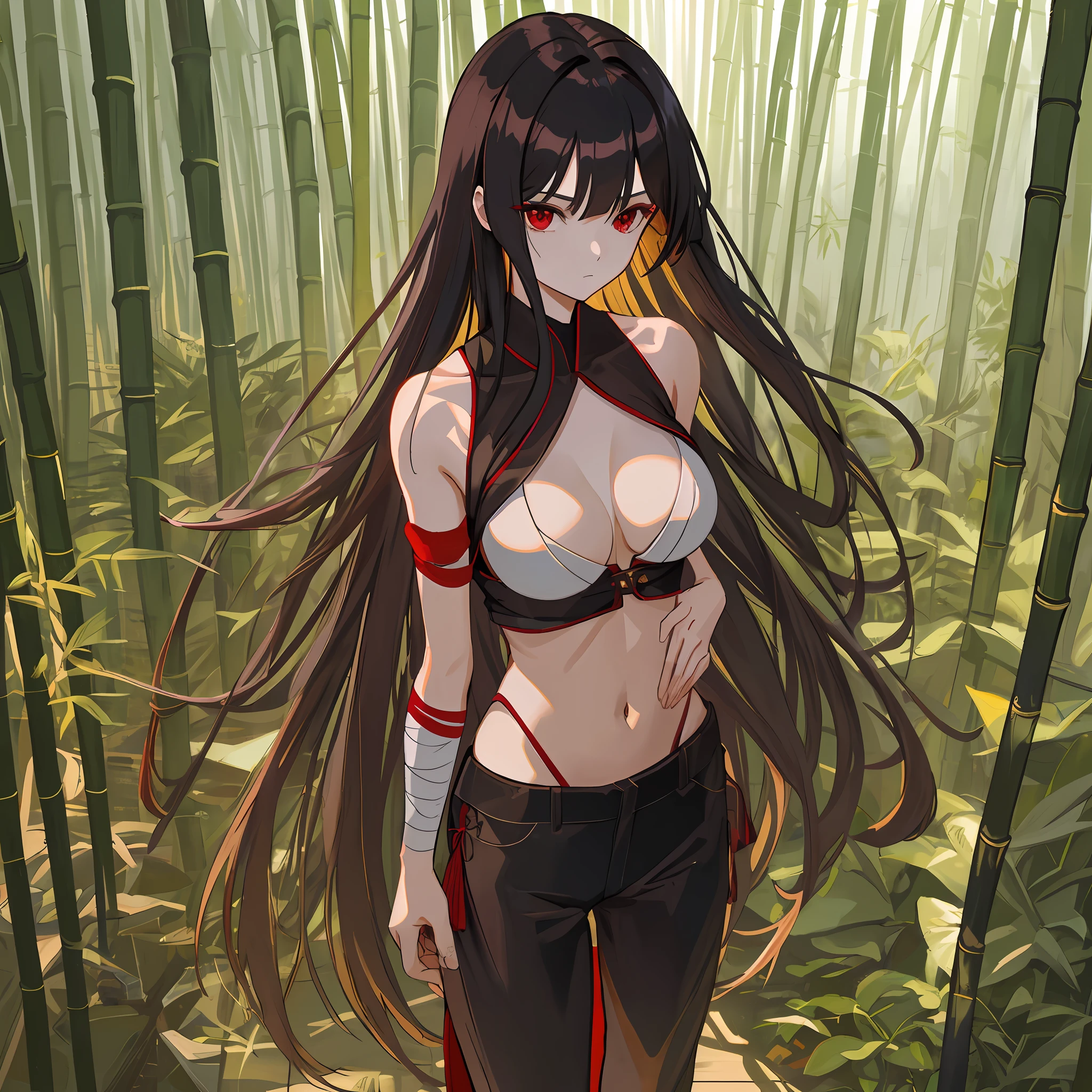 masterpiece, 1girl, red eyes, long straight nergo hair with bangs, beautiful standing with great athletic body, manipulator of two katanas, has covered her chest and ribs with bandages, a black wide fabric pants with golden details, wooden zandalias oriental style, natural light, beautiful day, training in a bamboo forest, very detailed, marked shadows