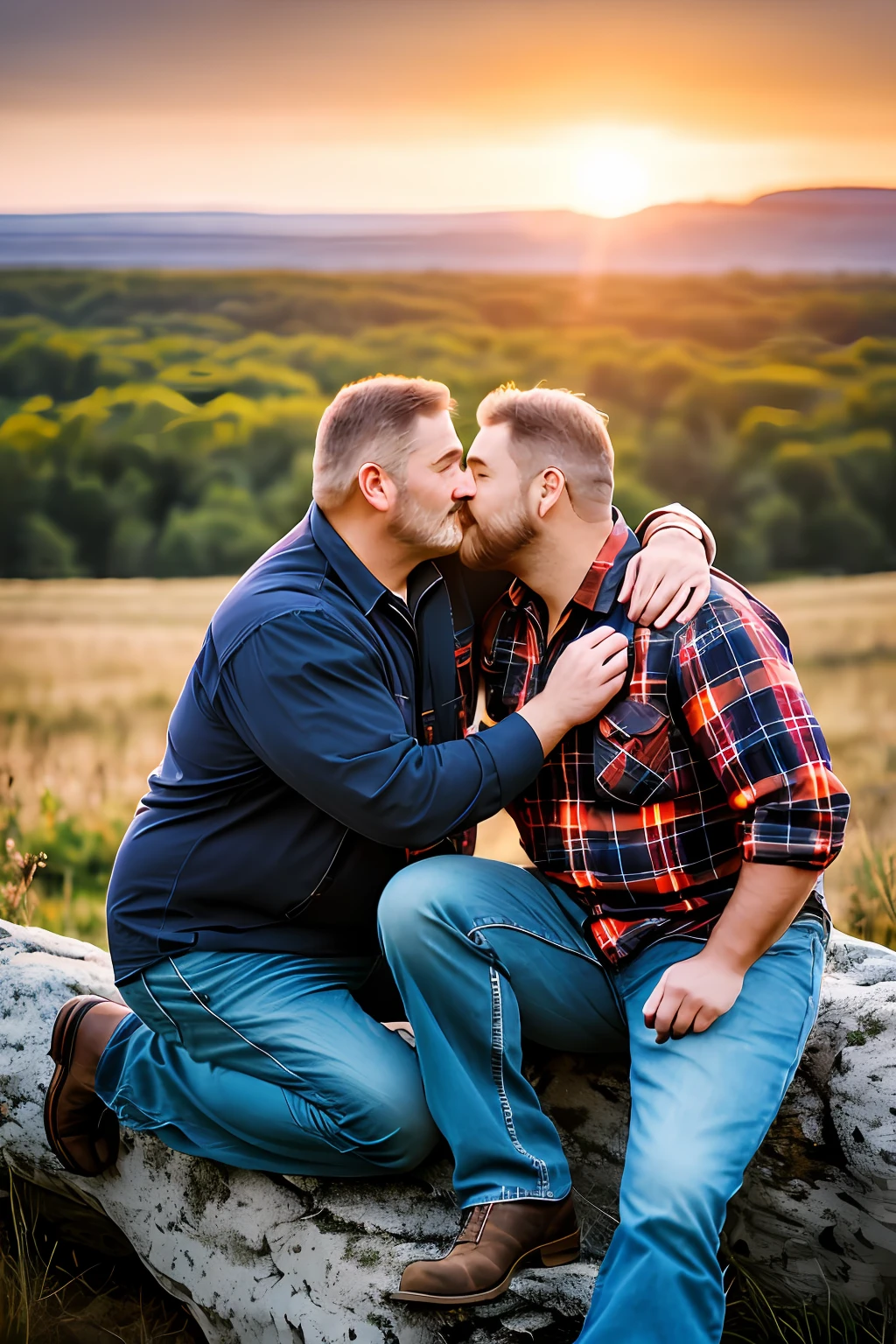 Two lumberjack-style men, mature, about 50 years old, burly, with plaid shirt and jeans with lumberjack boots. Sitting on a rock. Whole body. The men are hugging and kissing passionately. Romantic scene on a farm at sunset. The sky is yellowish, reddish and orange. Photorealistic scene, super detailed and realistic. Depth of field of the lens. 8k