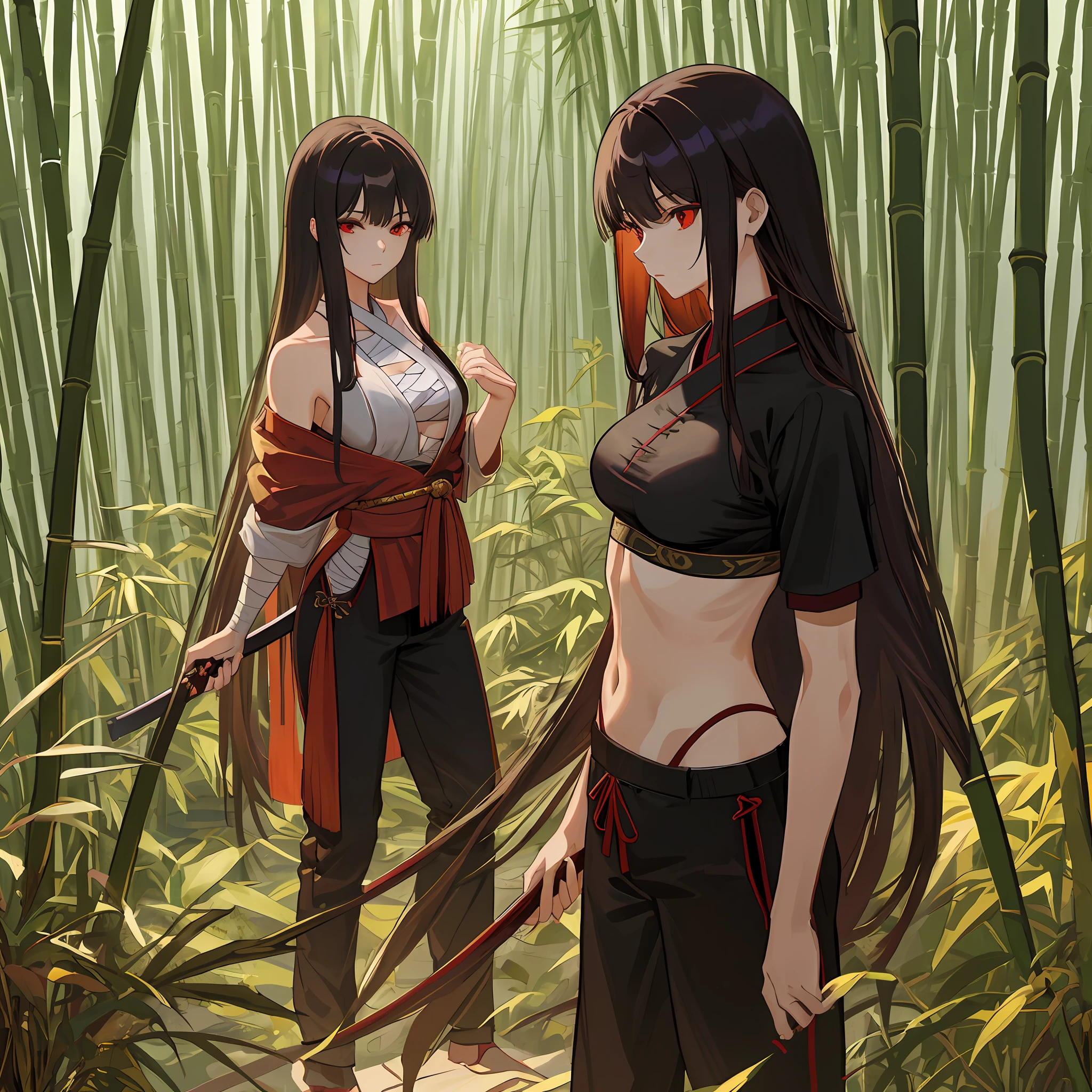 masterpiece, 1girl, red eyes, long straight nergo hair with bangs, beautiful standing with great athletic body, manipulator of two katanas, has covered her chest and ribs with bandages, a black wide fabric pants with golden details, wooden zandalias oriental style, natural light, beautiful day, training in a bamboo forest, very detailed, marked shadows