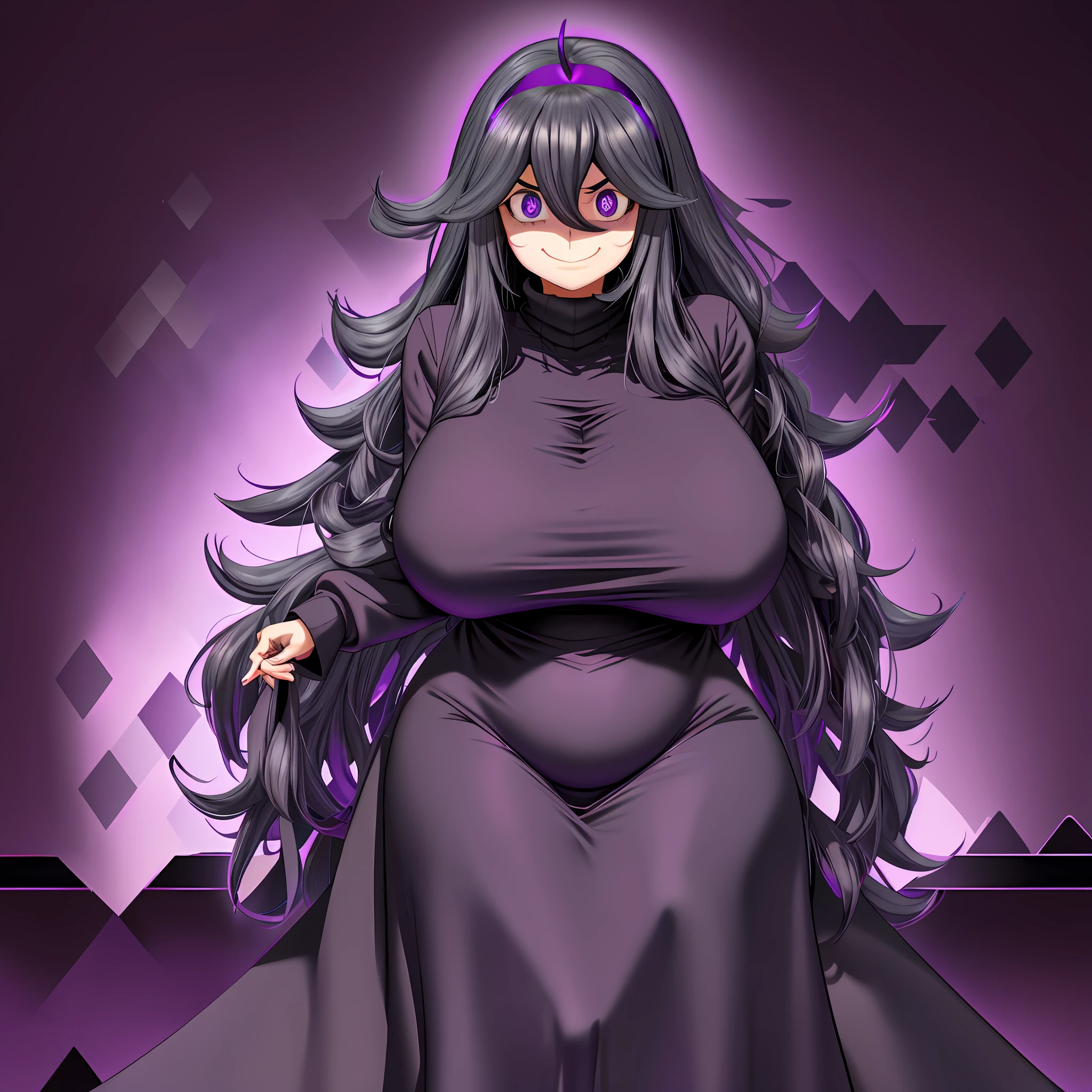 hexmaniacms, hex_maniac_\(pokemon\), 1girl, solo, standing, (huge breasts), long sleeved turtleneck sweater dress, purple clothes, taut_dress, embarrassed, smile, purple_eyes, shiny_skin, cowboy_shot, dark forest, night, crazy_eyes, (shaded_face:1.3), clothing_cutout, anime, (plump)