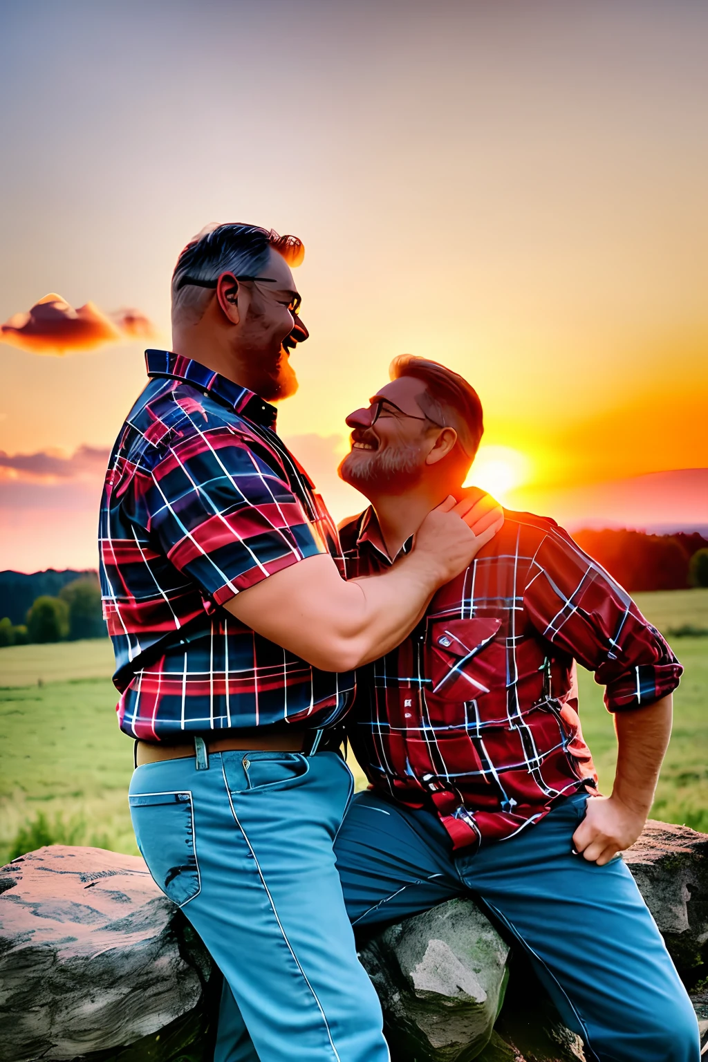 Two lumberjack-style men, mature, about 50 years old, burly, with plaid shirt and jeans with lumberjack boots. Sitting on a rock. Whole body. The men are hugging and kissing passionately. Romantic scene on a farm at sunset. The sky is yellowish, reddish and orange. Photorealistic scene, super detailed and realistic. Depth of field of the lens. 8k