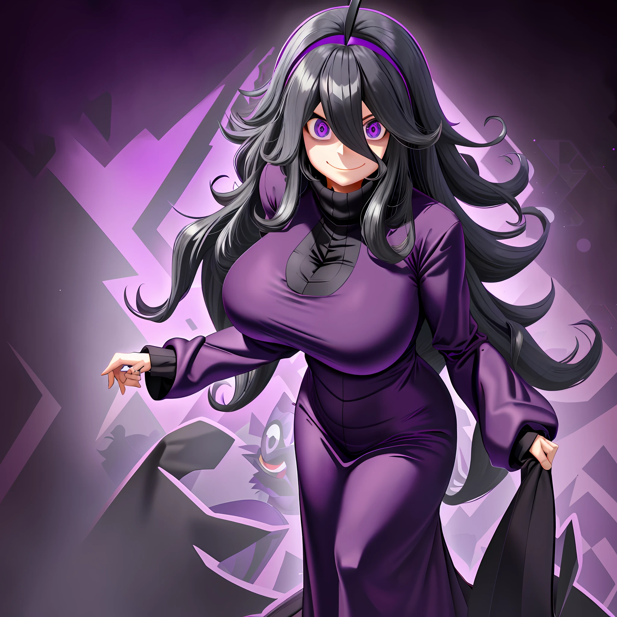 hexmaniacms, hex_maniac_\(pokemon\), 1girl, solo, standing, (huge breasts), long sleeved turtleneck sweater dress, purple clothes, taut_dress, embarrassed, smile, purple_eyes, shiny_skin, cowboy_shot, dark forest, night, crazy_eyes, (shaded_face:1.3), clothing_cutout, anime, (plump)