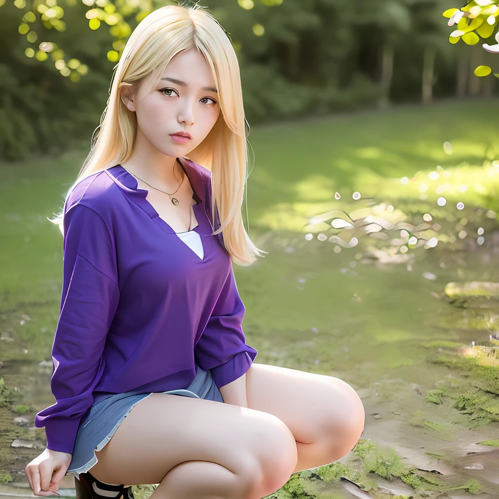 (4k, 8k, best quality, masterpiece:1.3), (hyper realistic, realistic, photo-realistic:1.4), ultra-detailed, detailed, 1 girl, solo, beautiful, squatting, full body, smile), (flat breasts, small breasts:1.3), beautiful detailed eyes, full body, cute ,(blonde hair, purple shirt:1.3), arms behind back, (korean, korean girl, asian, asian girl:1.2)