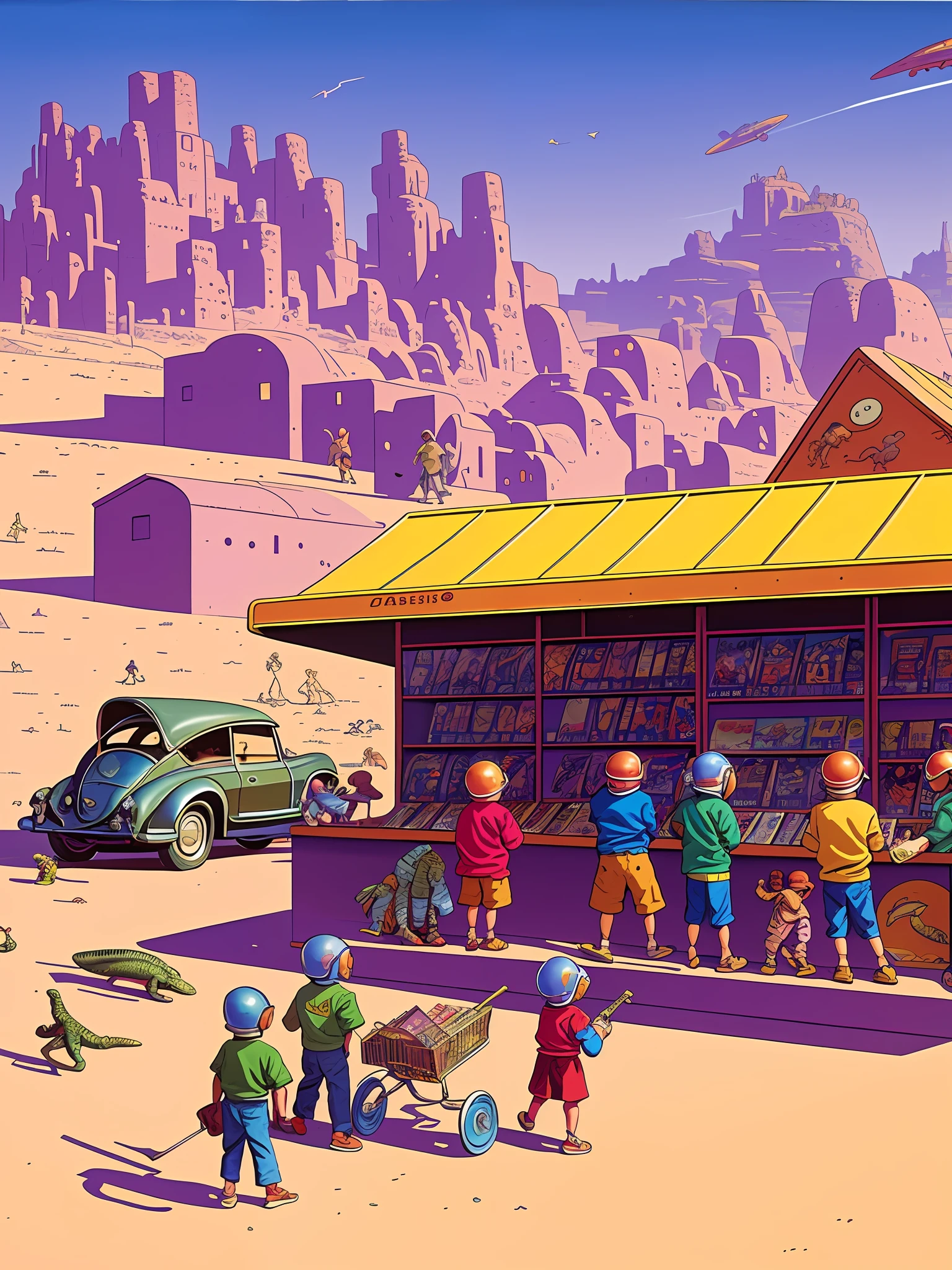 a painting of children buying video games in a 50's store with space-helmeted lizards sitting in the desert in the background a purple town of arakis with a boat in the background by Moebius Jean Giraud