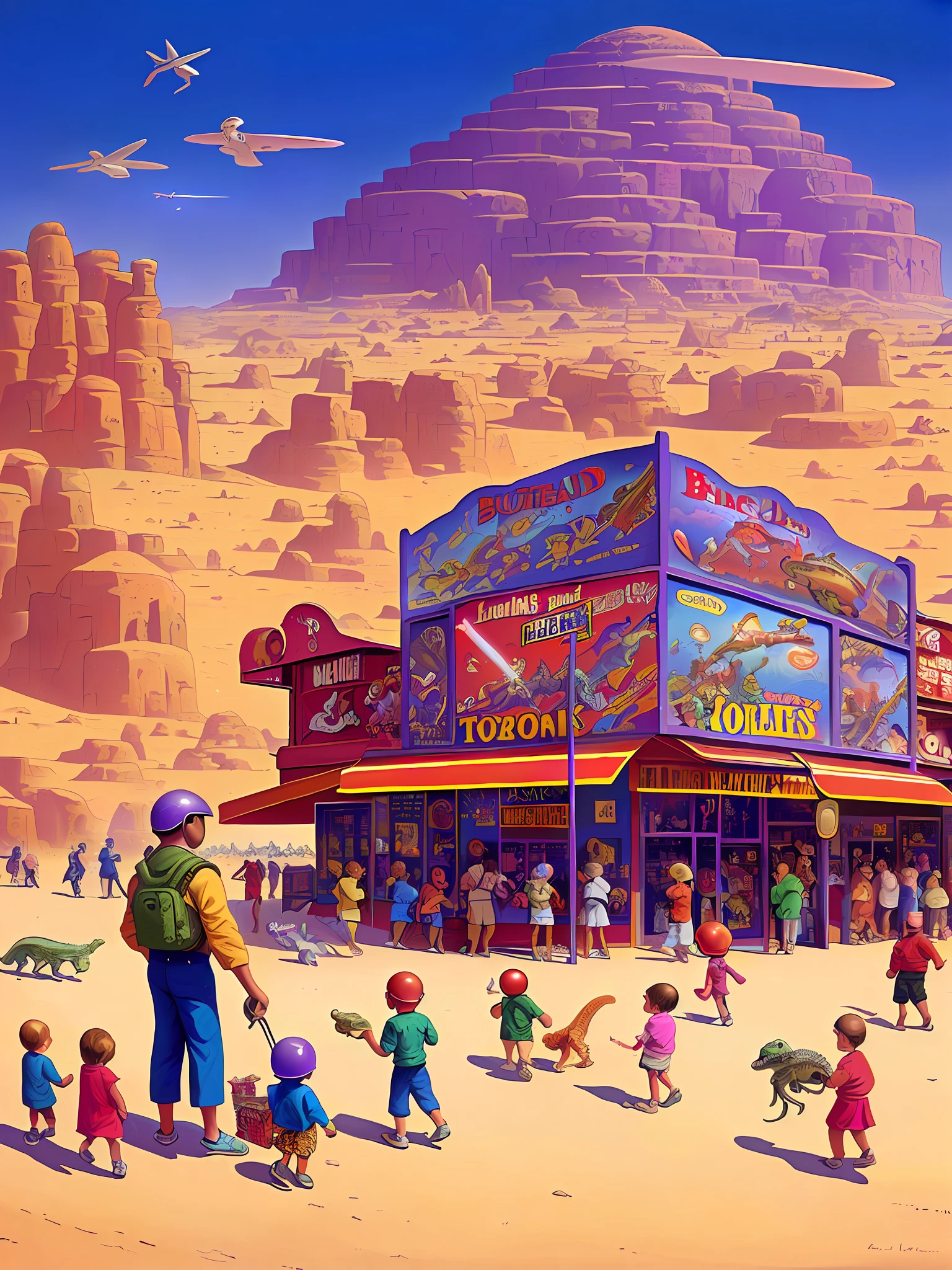 a painting of children buying video games in a 50's store with space-helmeted lizards sitting in the desert in the background a purple town of arakis with a boat in the background by Moebius Jean Giraud