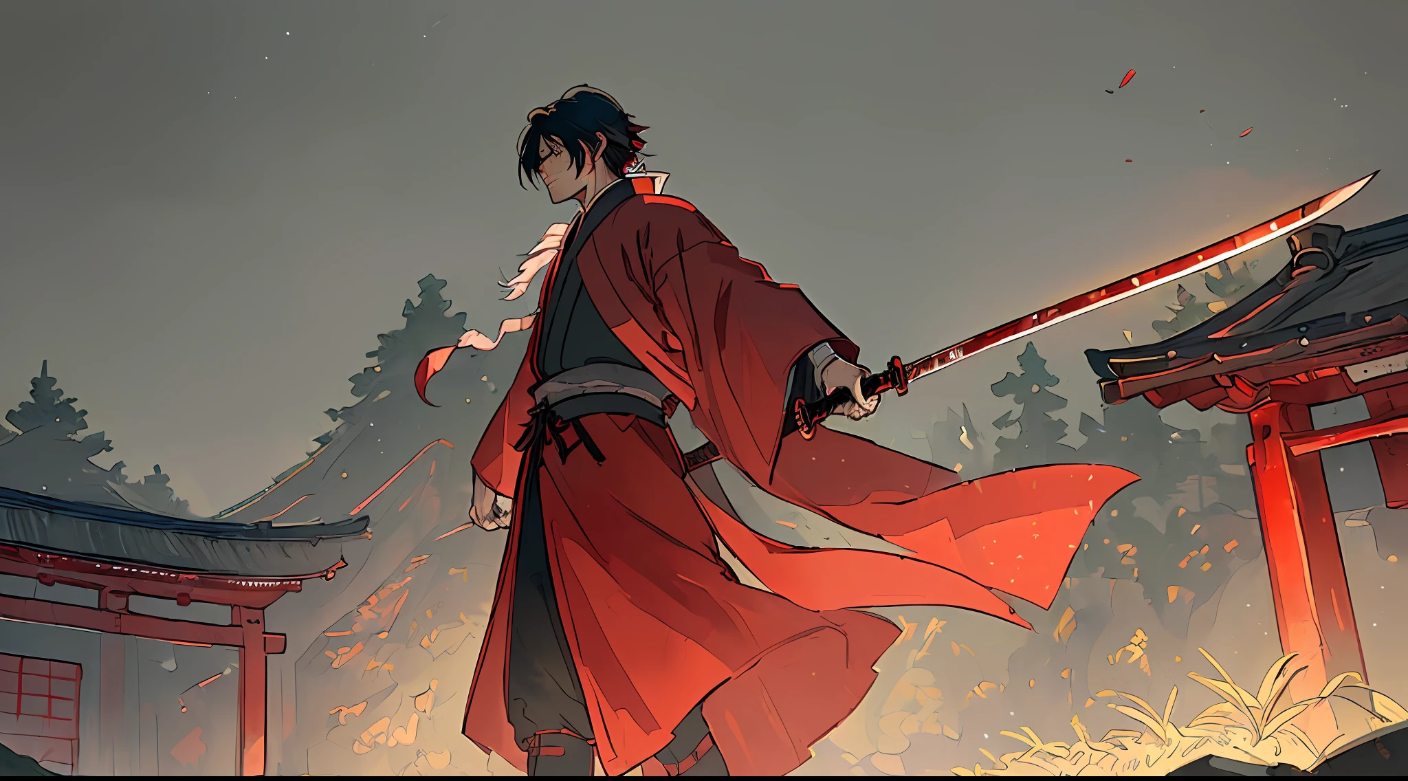 (((8k, best quality, masterpiece:1.4)))), high quality, best illustration, ultra high resolution, ultra-detailed, illustration, (extremely wide shot), (((solo))), sekiro holding the (bright red mortal sword), Ashina City, best brightness, ancient Japanese architecture, (male anatomy), soft light, intricate details.