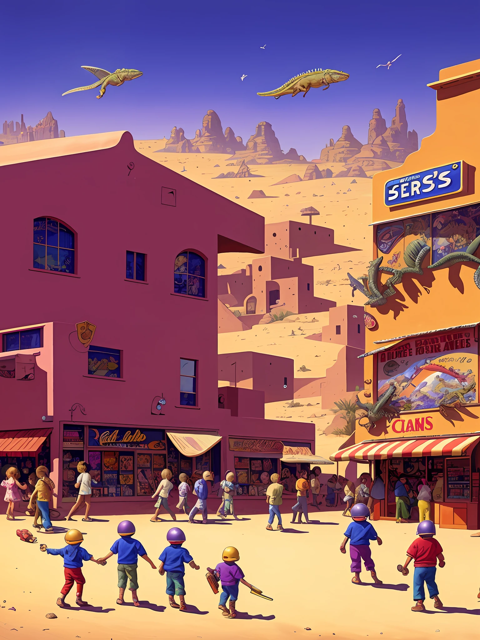 a painting of children buying video games in a 50's store with space-helmeted lizards sitting in the desert in the background a purple town of arakis with a boat in the background by Moebius Jean Giraud
