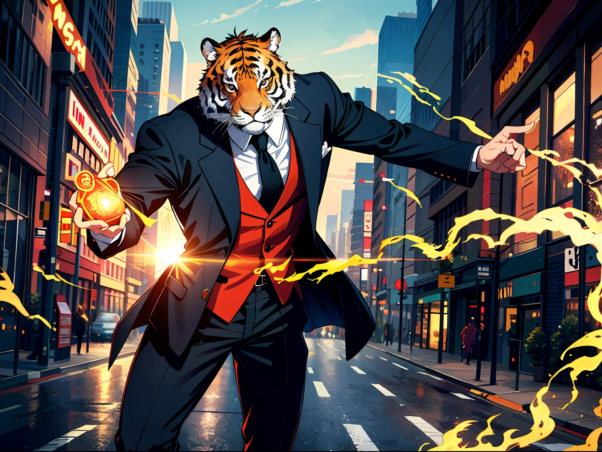 High resolution, highest quality, illustration, super detailed, a man with a tiger head, wearing a black suit, a strong body, standing on a city street