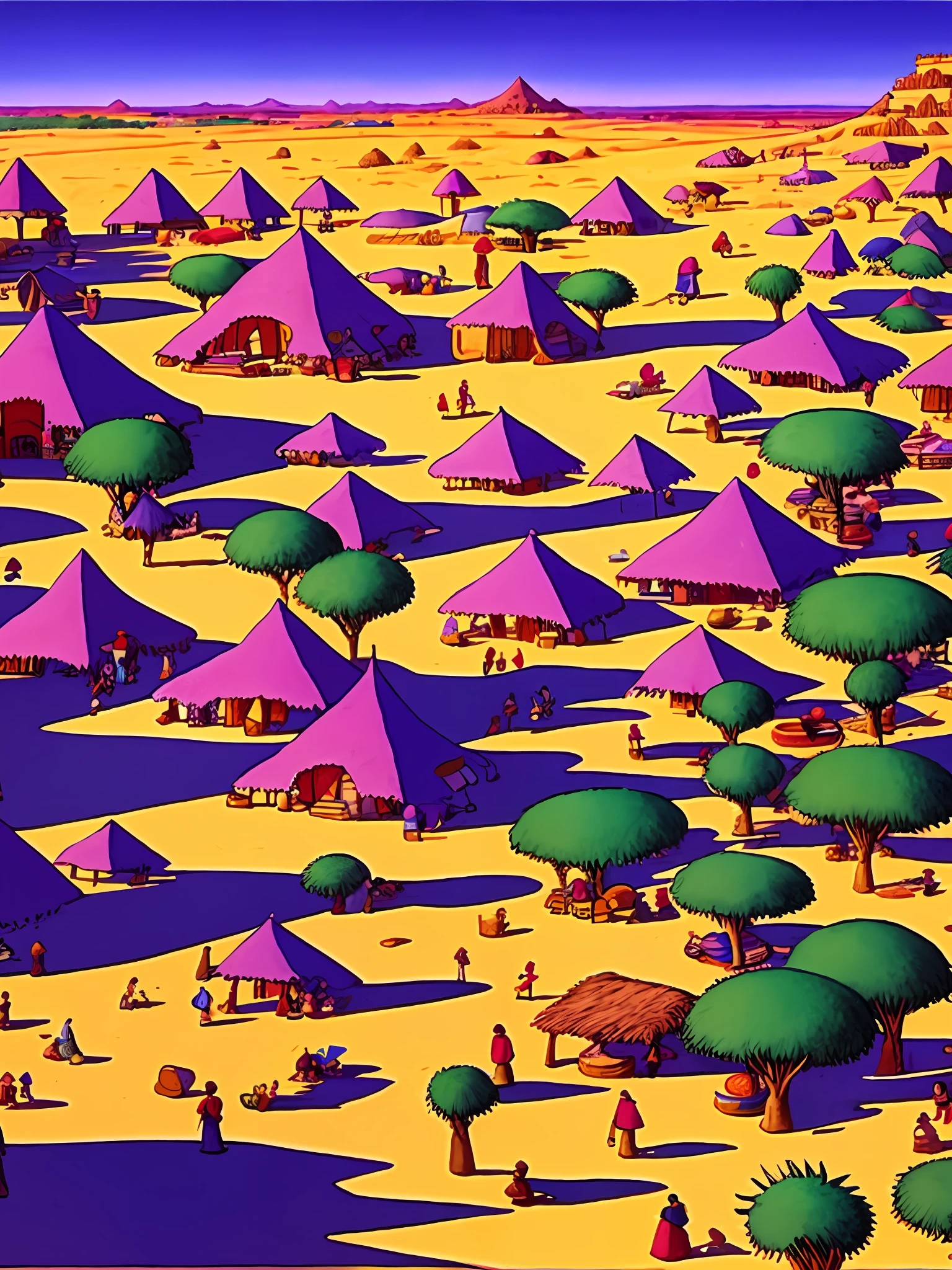 a painting of a Mexican village fair desert in the background a purple town of arakis with a boat in the background by Moebius Jean Giraud