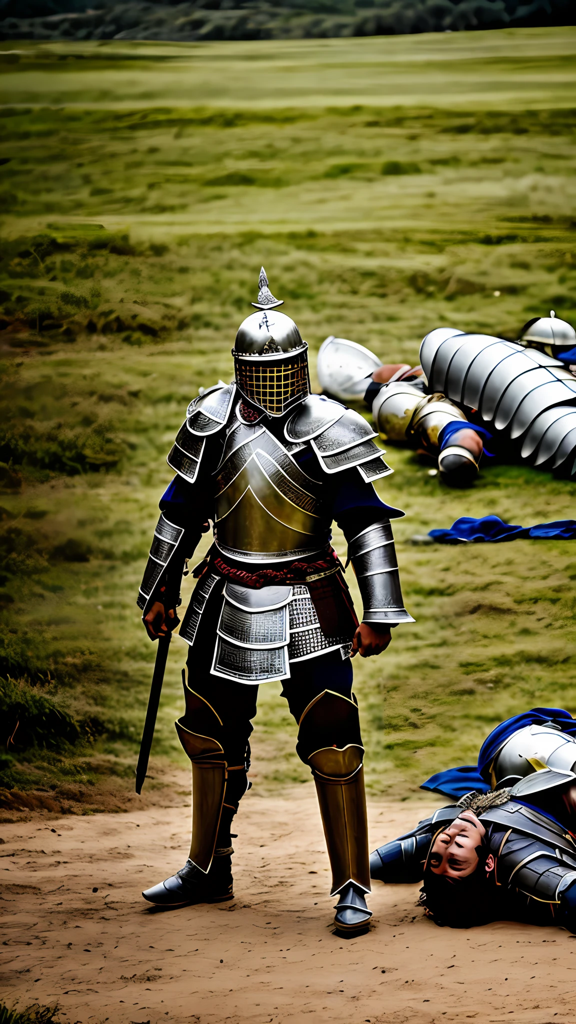 Man dressed in armor standing and another man lying on the ground