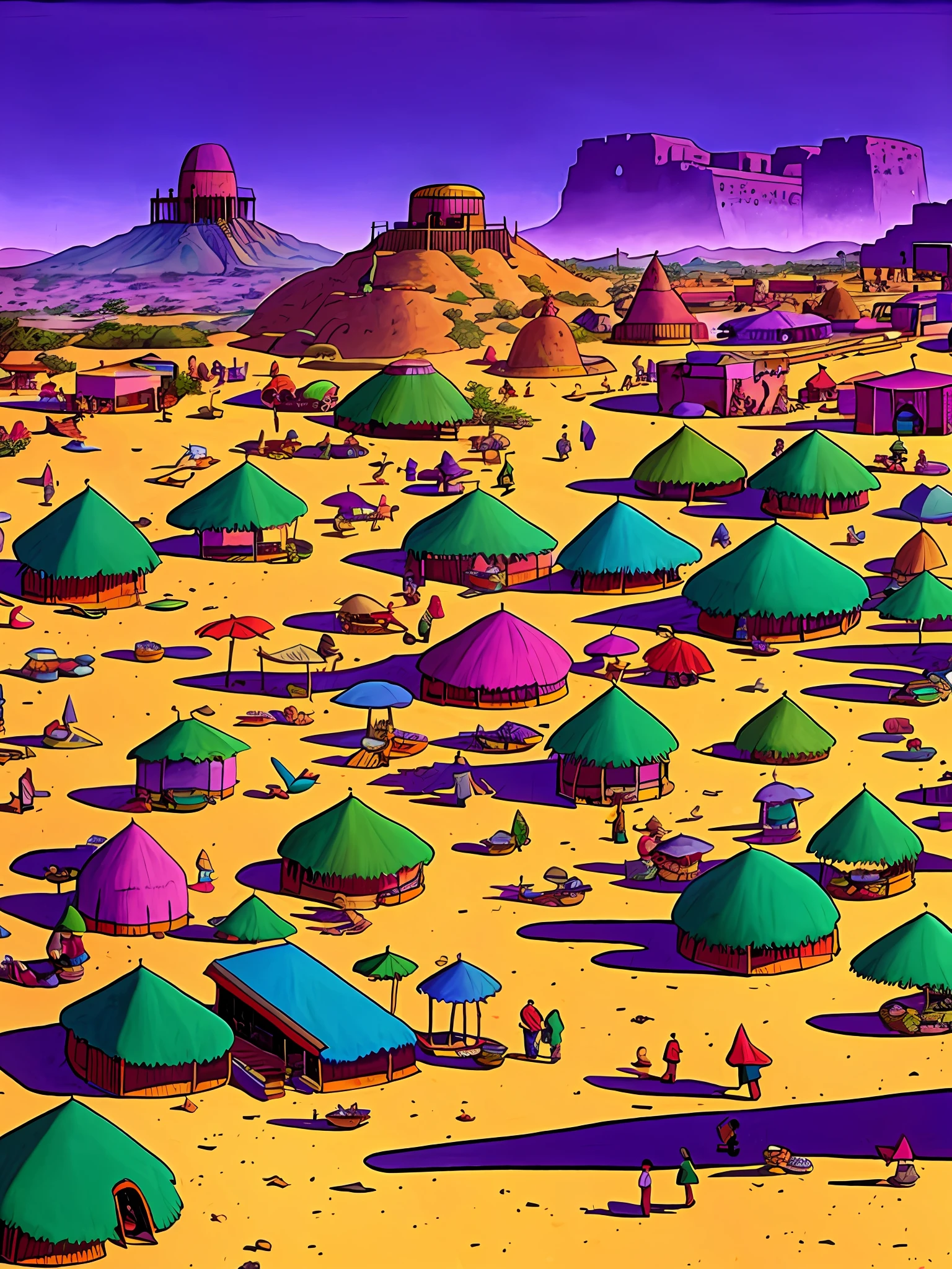 a painting of a Mexican village fair desert in the background a purple town of arakis with a boat in the background by Moebius Jean Giraud