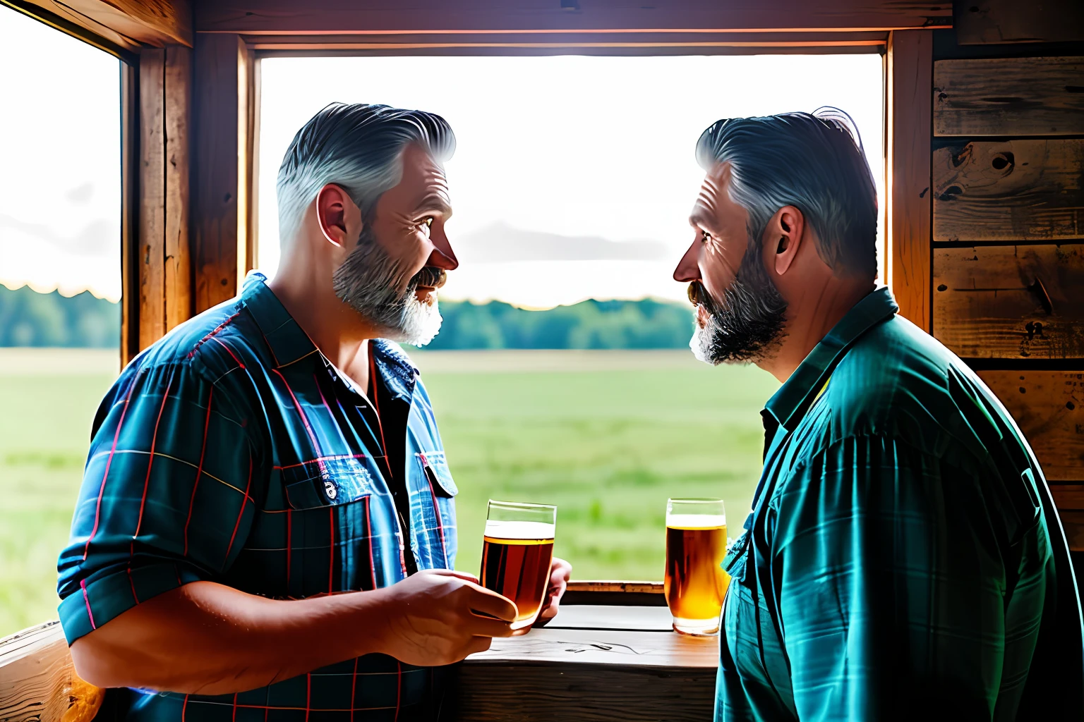 Two lumberjack-style men, mature, about 50 years old, burly, with plaid shirt and jeans with lumberjack boots. Romantic dinner in a rustic farm setting. Whole body. The men are looking at each other passionately. Romantic scene on a farm at sunset. The sky is yellowish, reddish and orange. Photorealistic scene, super detailed and realistic. Natural ambient lighting entering light through the window. Depth of field of the lens. 8k