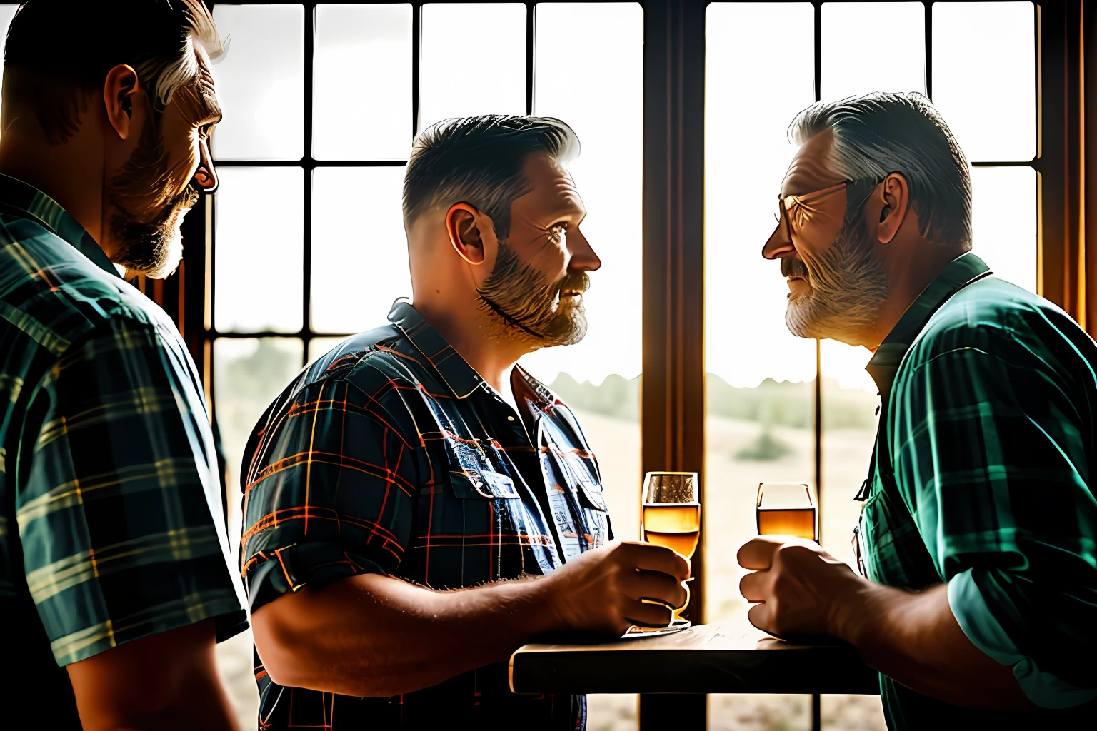 Two lumberjack-style men, mature, about 50 years old, burly, with plaid shirt and jeans with lumberjack boots. Romantic dinner in a rustic farm setting. Whole body. The men are looking at each other passionately. Romantic scene on a farm at sunset. The sky is yellowish, reddish and orange. Photorealistic scene, super detailed and realistic. Natural ambient lighting entering light through the window. Depth of field of the lens. 8k
