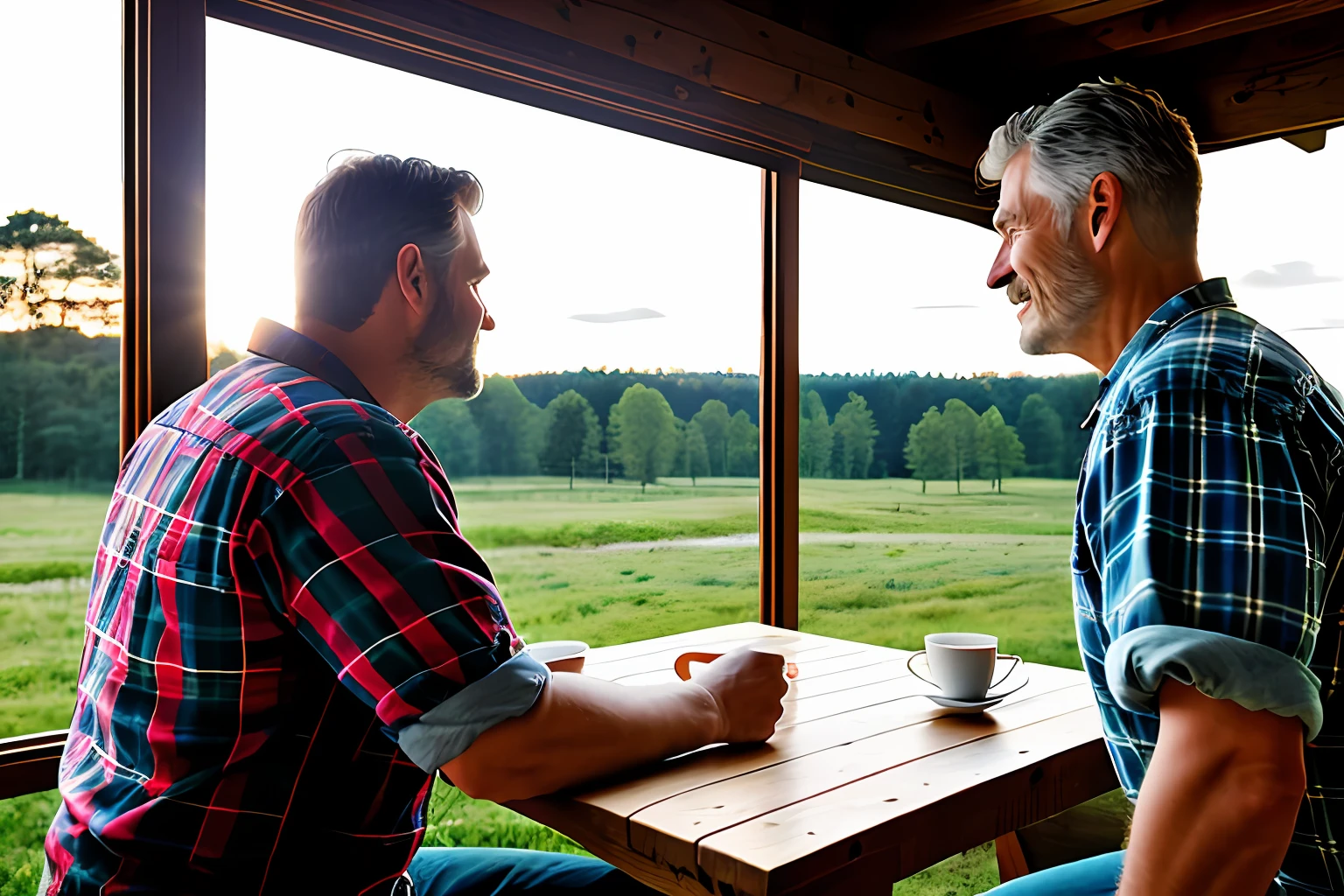 Two lumberjack-style men, mature, about 50 years old, burly, with plaid shirt and jeans with lumberjack boots. Romantic dinner in a rustic farm setting. Whole body. The men are looking at each other passionately. Romantic scene on a farm at sunset. The sky is yellowish, reddish and orange. Photorealistic scene, super detailed and realistic. Natural ambient lighting entering light through the window. Depth of field of the lens. 8k