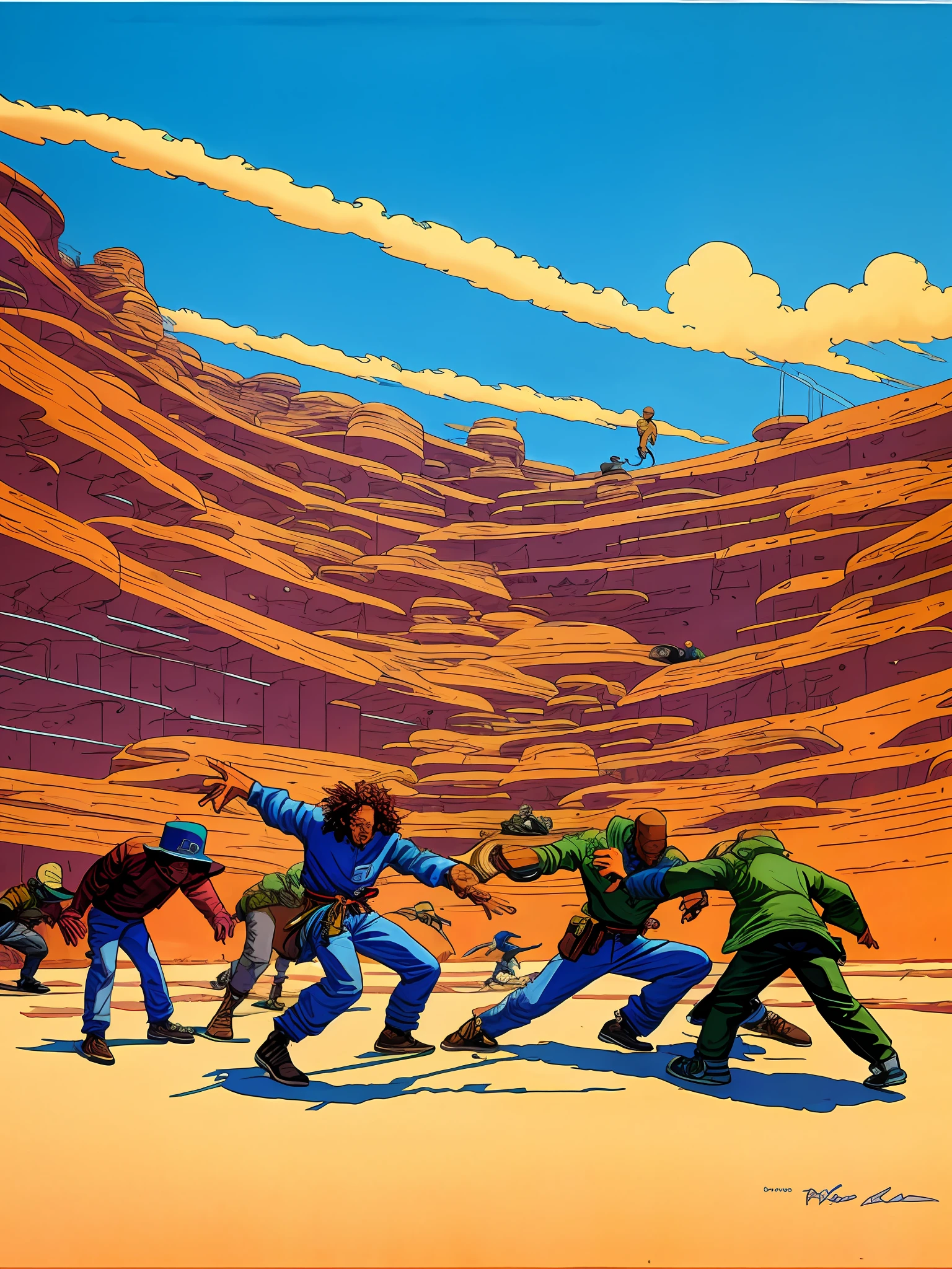 a painting of a freestyle battle by Moebius Jean Giraud