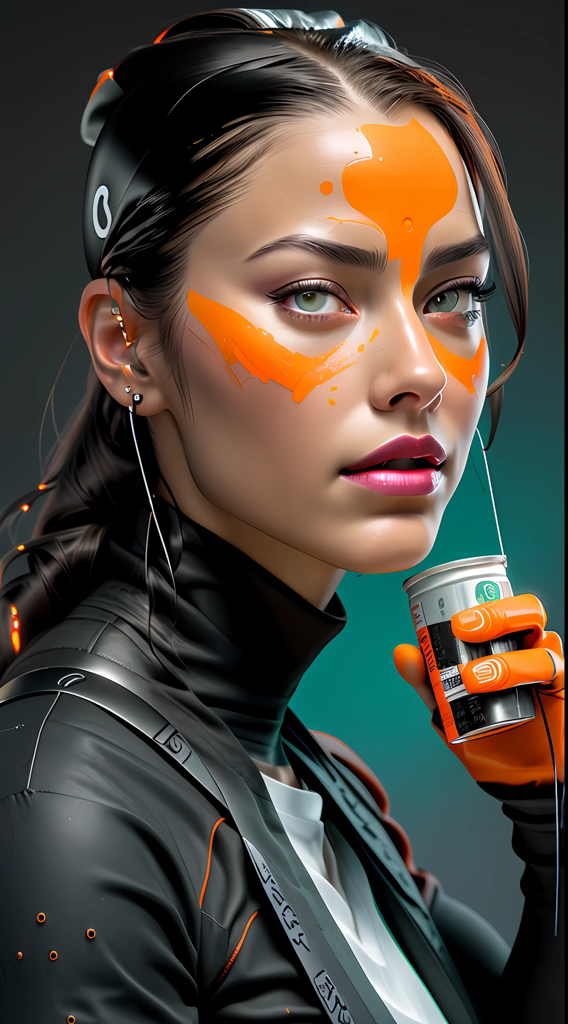 Best quality, realistic, award-winning illustration, (complicated detail: 1.2), (fine detail), (complicated detail), (cinematic lights, best quality), sharp lines, sharp focus, official art, 16k, ultra detailed complex 3d rendering of a beautiful porcelain profile woman android face, cyborg, robotic parts, wearing black and orange cap, splash graphite background, splash dulce de leche, (holding a can of candy:  1.3), anatomical, facial muscles, electrical cables, microchip, wearing black apron with orange, wearing jeans, octane rendering, H. R. Giger style, extremely detailed CGI, studio photography, 16k, white background.
